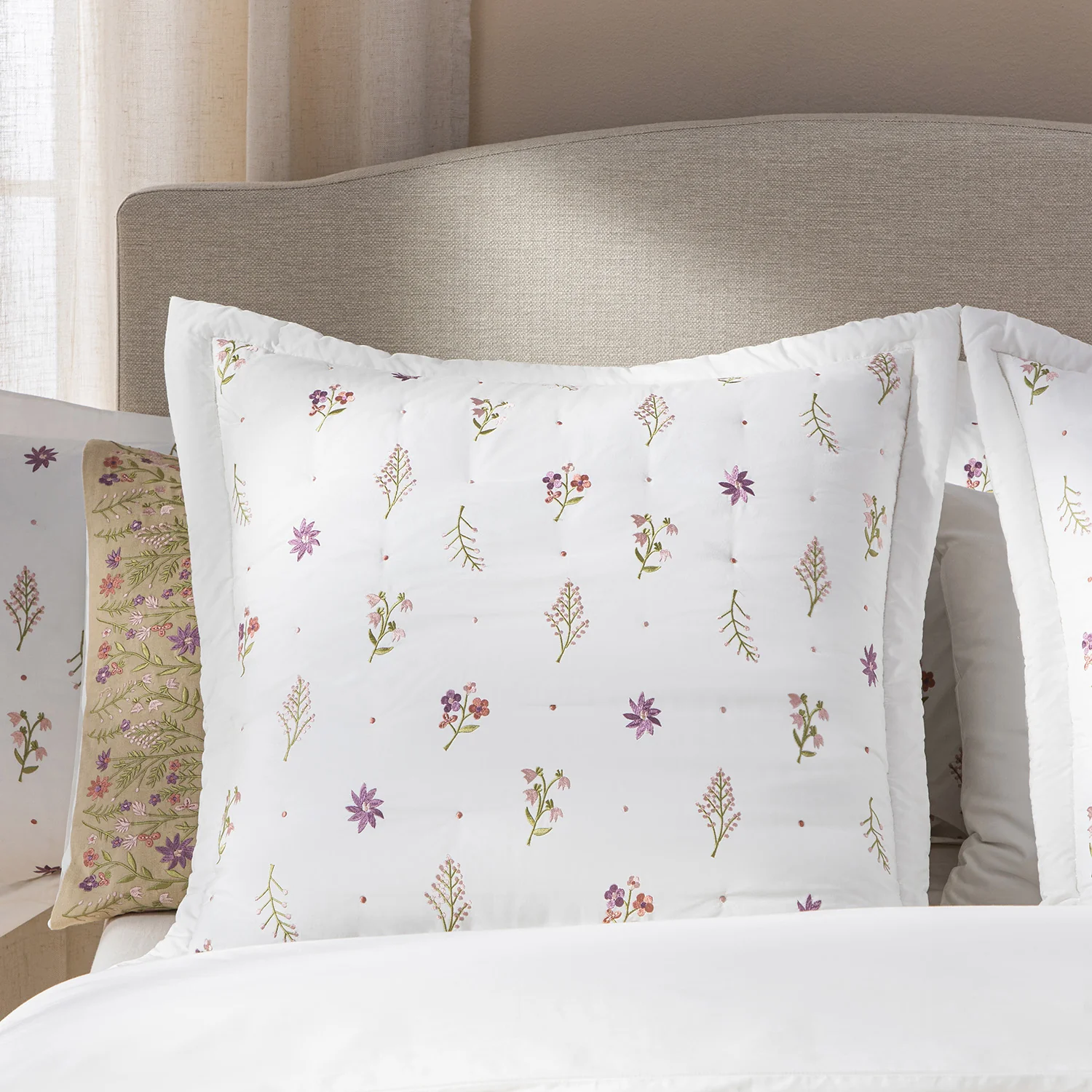 Evelyn Wildflower Embroidered 300 Thread Count Cotton Percale Continental Square Pillowcases - Pair - Image 2