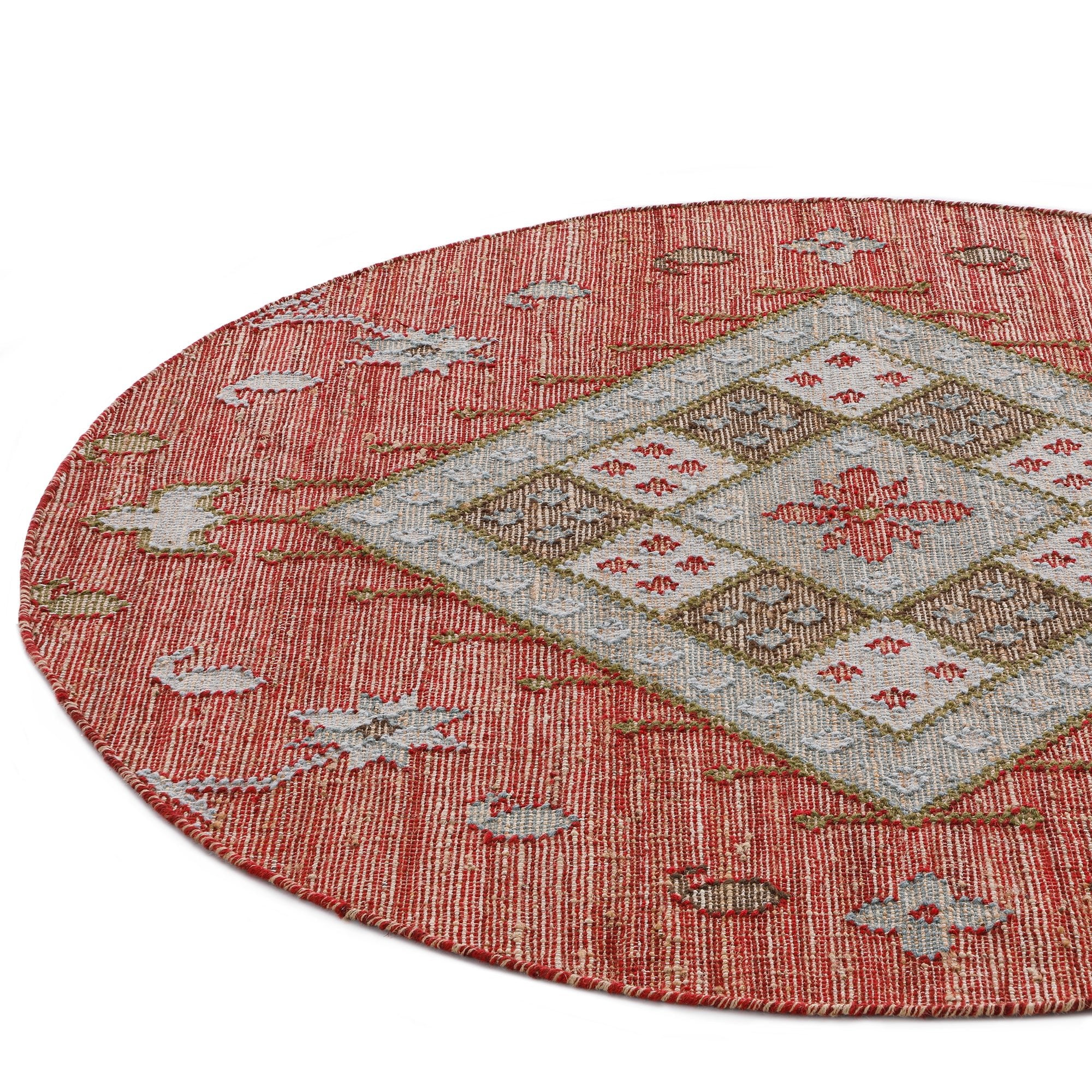 Farah Kilim Traditional Handwoven Wool & Jute Deep Red Round Rug - Image 4