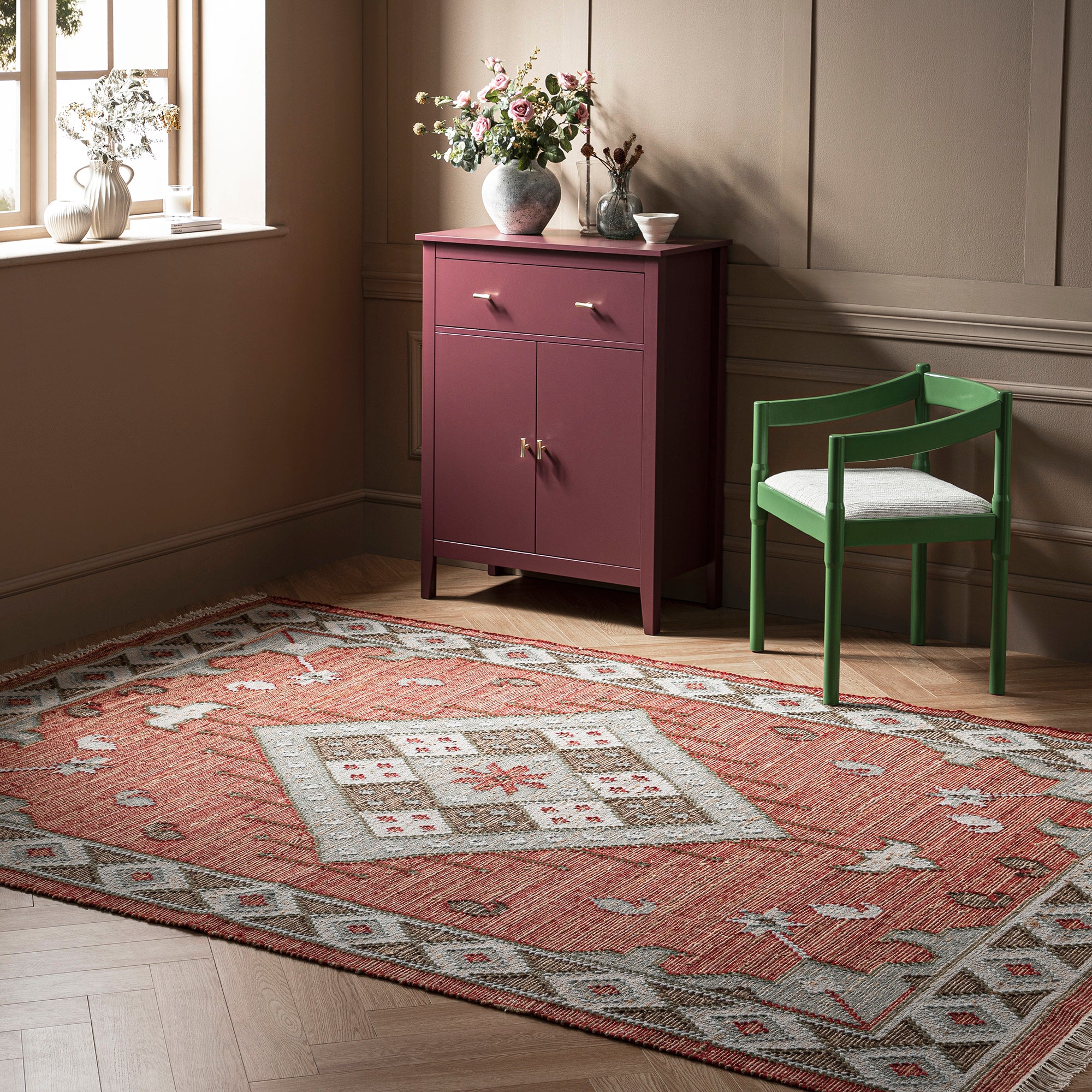 Farah Kilim Traditional Handwoven Wool & Jute Deep Red Rug - Image 2