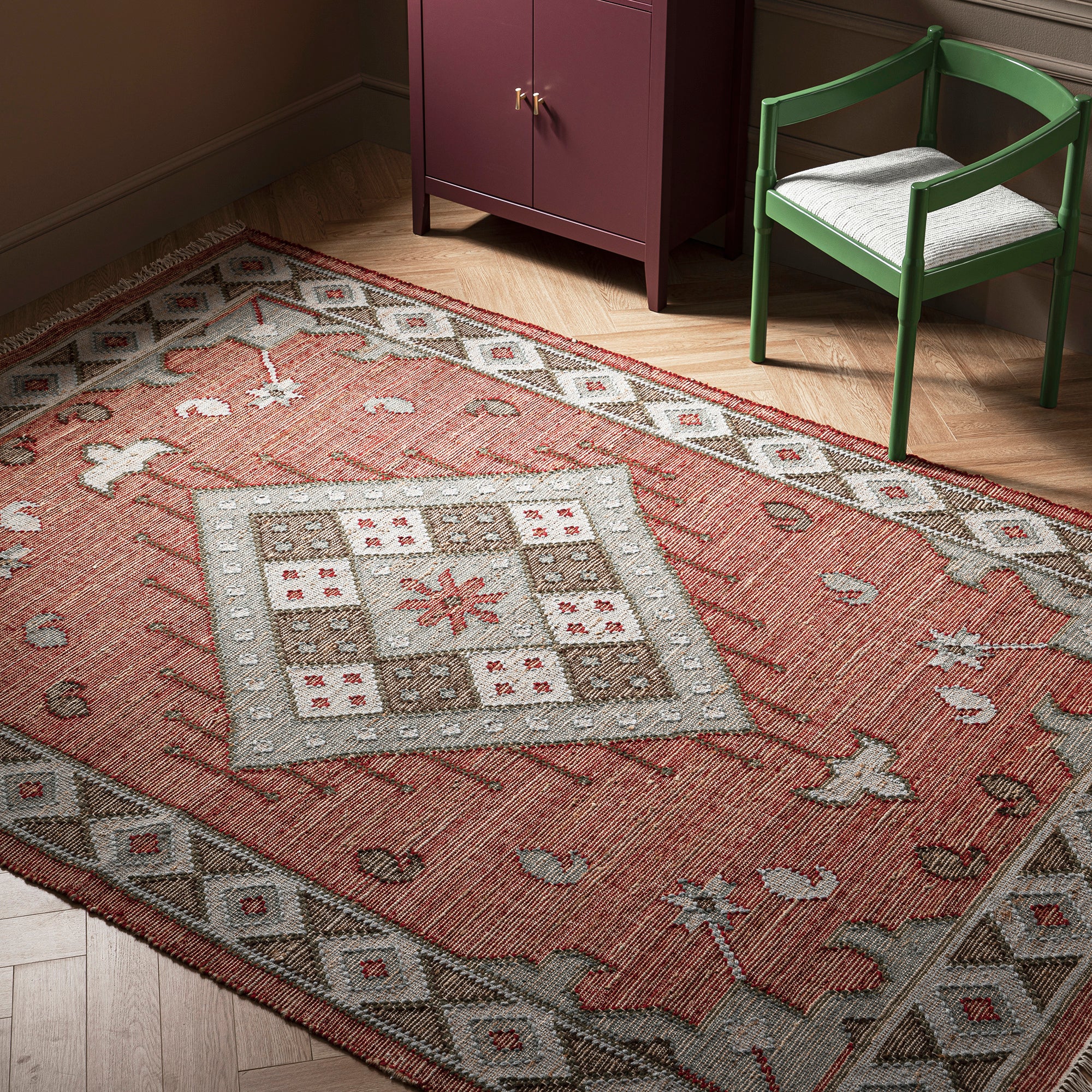 Farah Kilim Traditional Handwoven Wool & Jute Deep Red Rug - Image 3