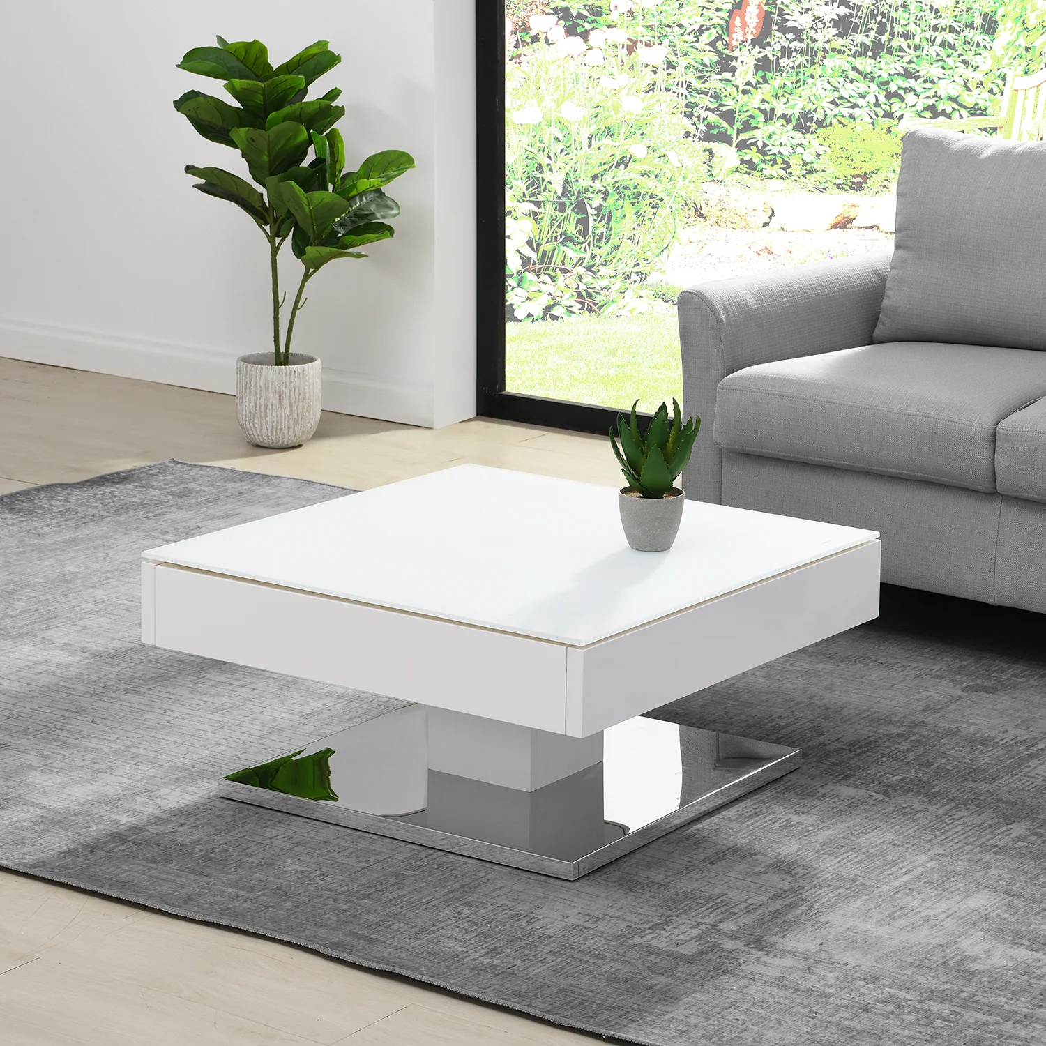 Finch White Swivel Frosted Glass Top Coffee Table with Stainless Steel Base - Image 2