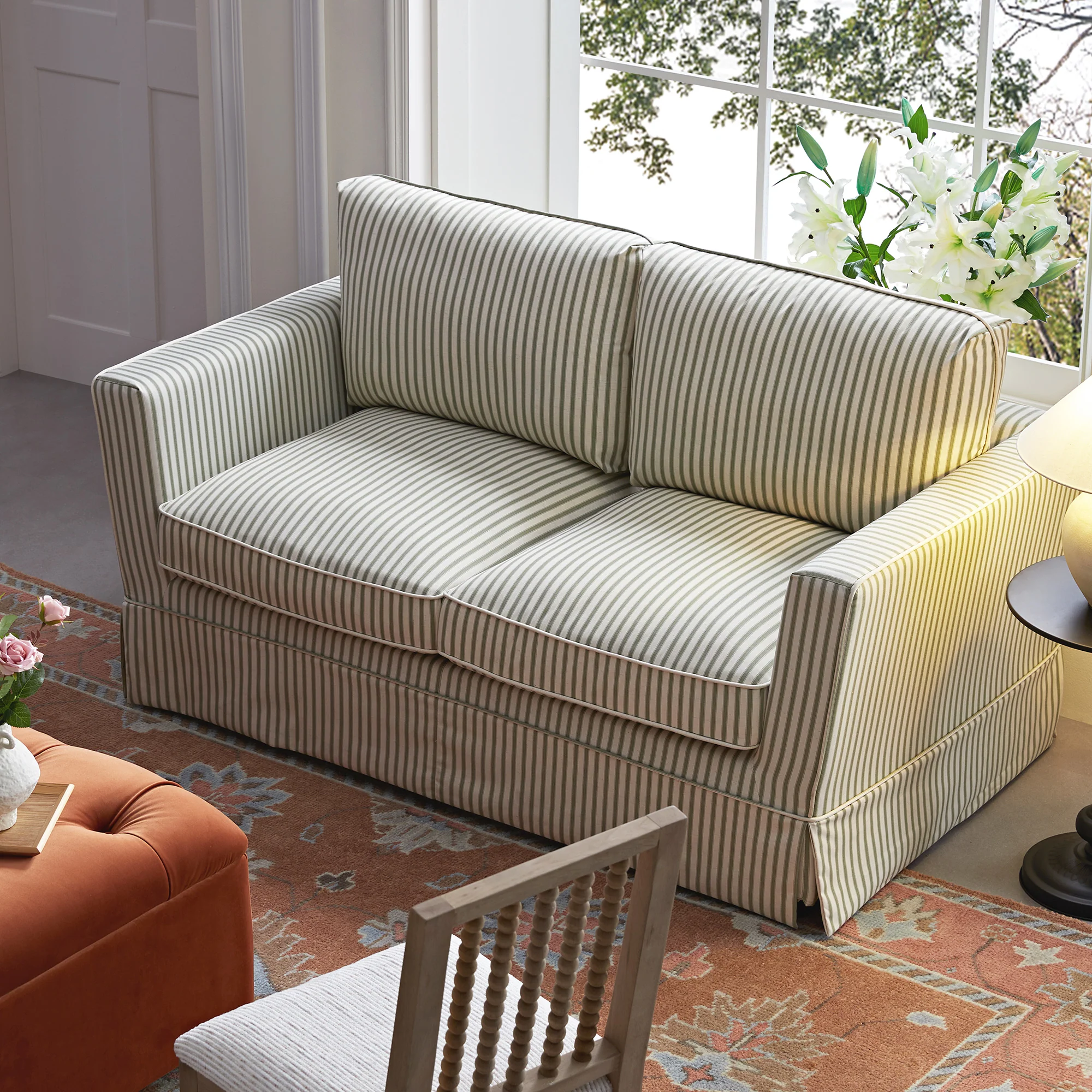 Fitz Skirted 2-Seater Sofa, Sage Striped Linen Blend - Image 3