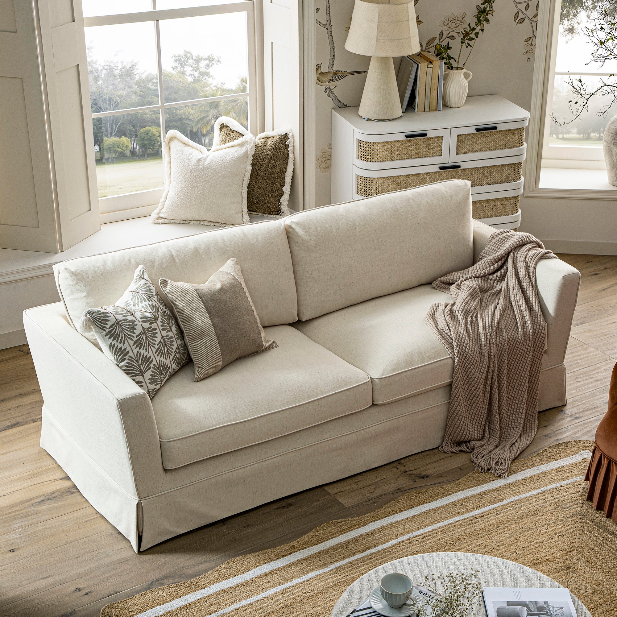 Fitz Skirted Large 3-Seater Sofa, Oatmeal Linen Blend - Image 3