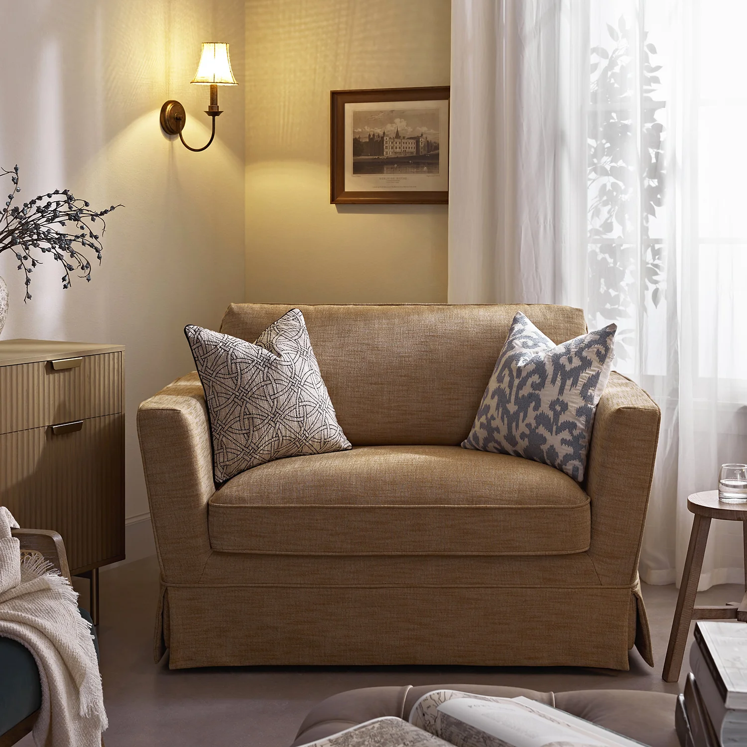 Fitz Skirted Loveseat, Apricot Linen Blend - Image 2