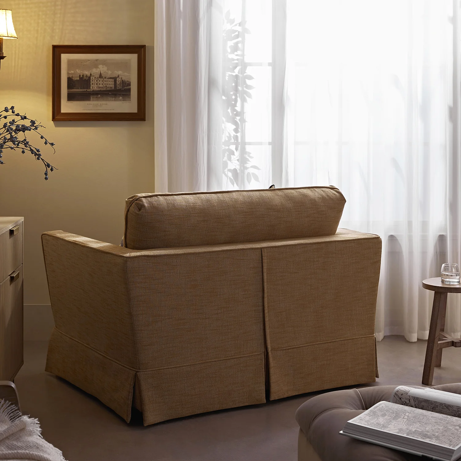 Fitz Skirted Loveseat, Apricot Linen Blend - Image 3