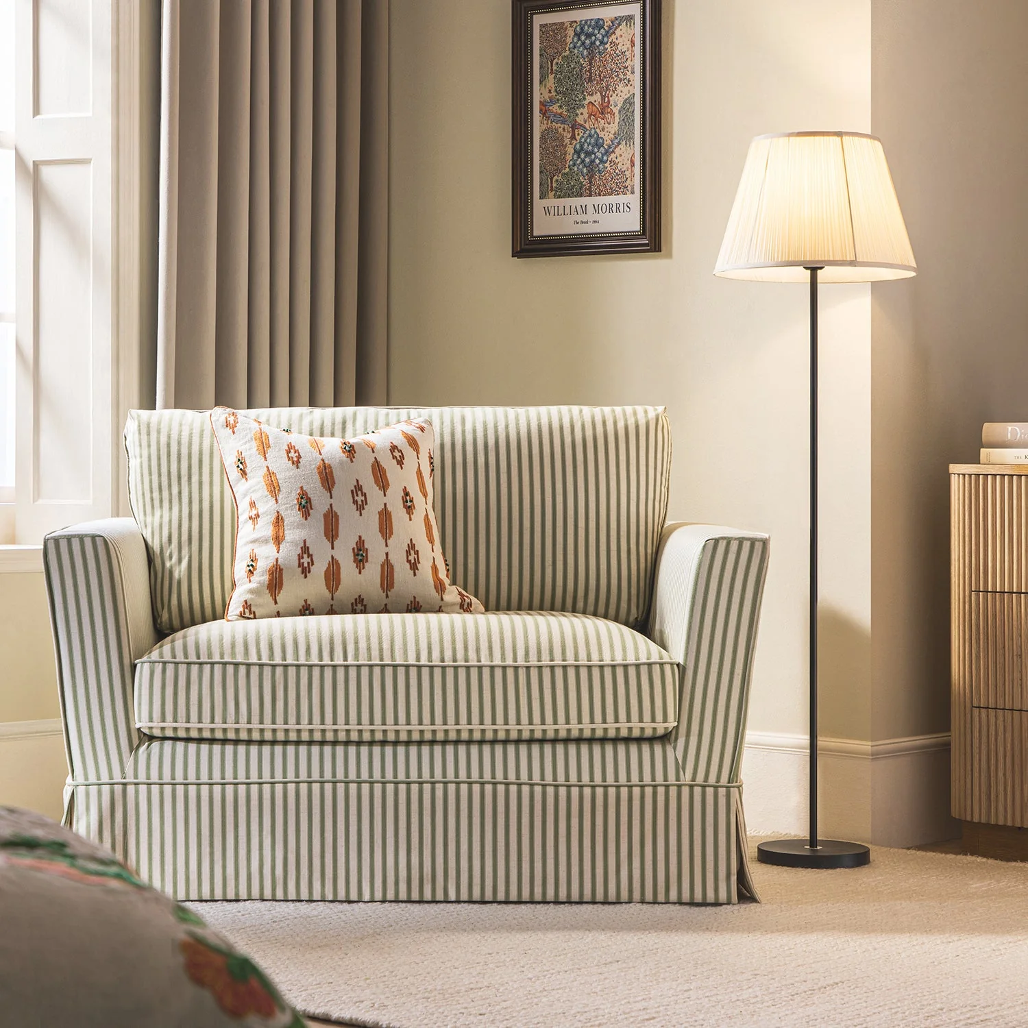 Fitz Skirted Loveseat, Sage Striped Linen Blend - Image 2