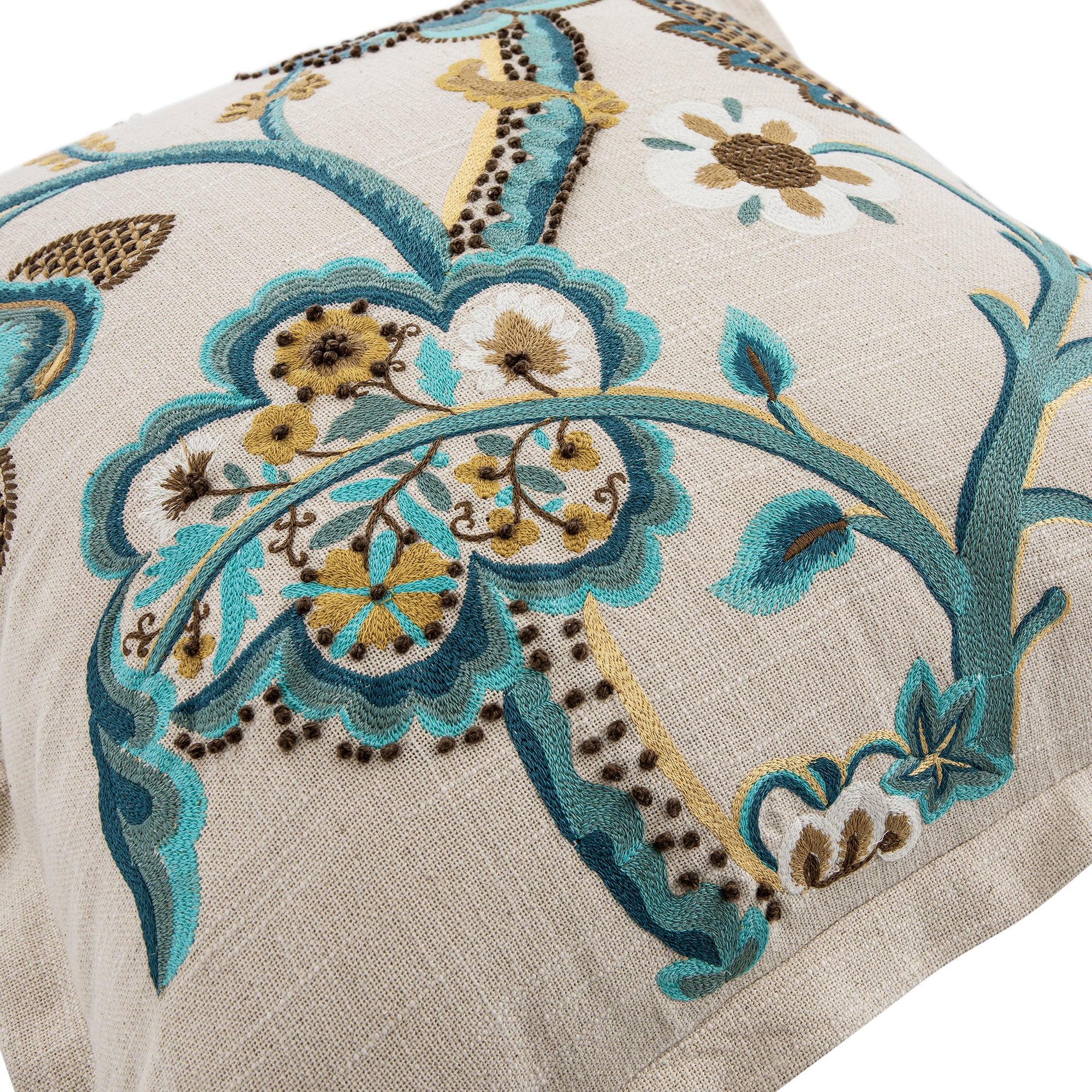 Flora & Fauna Hand Embroidered Azure Bloom Cushion - Image 2