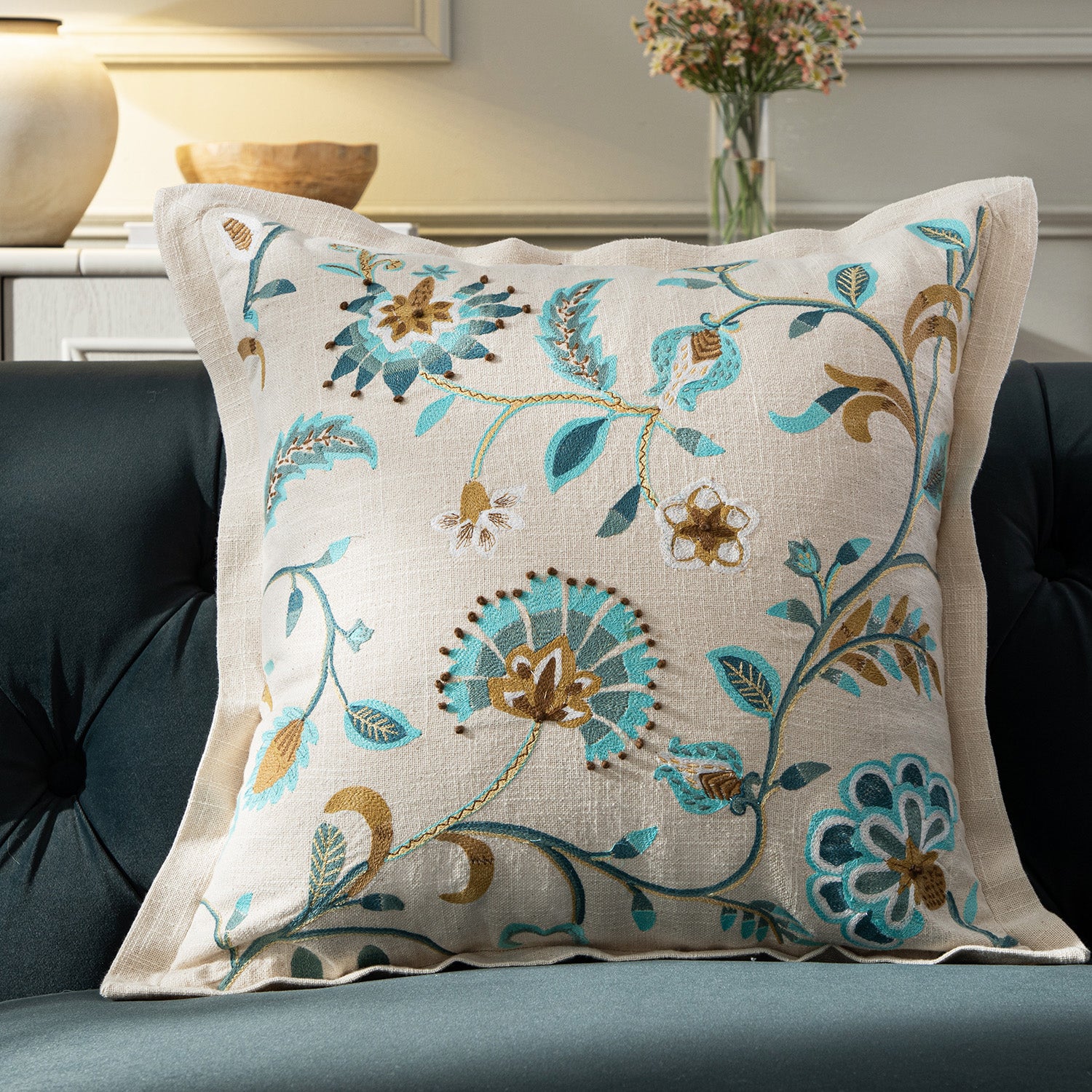 Flora & Fauna Hand Embroidered Azure Fantasy Cushion - Image 2