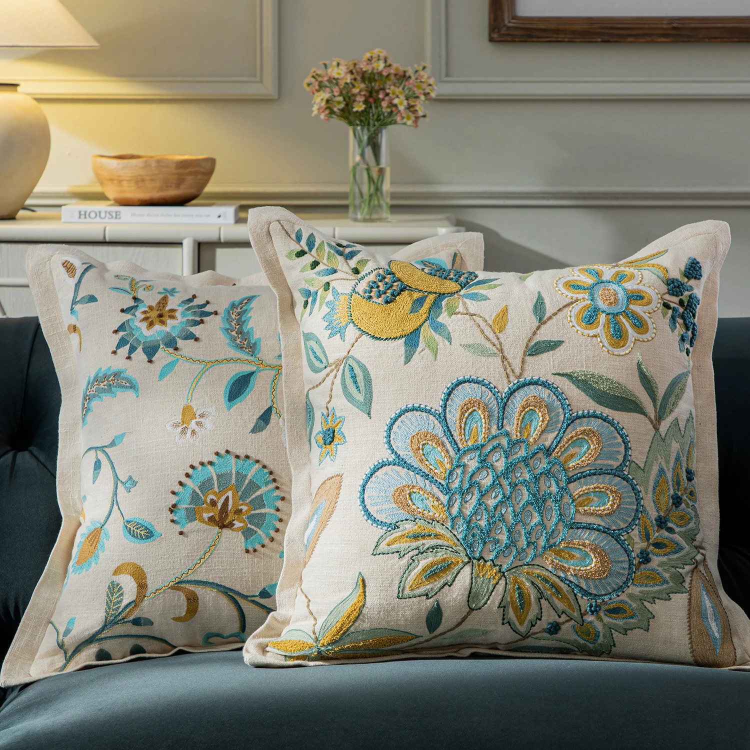Flora & Fauna Hand Embroidered Azure Wonder Cushion - Image 2