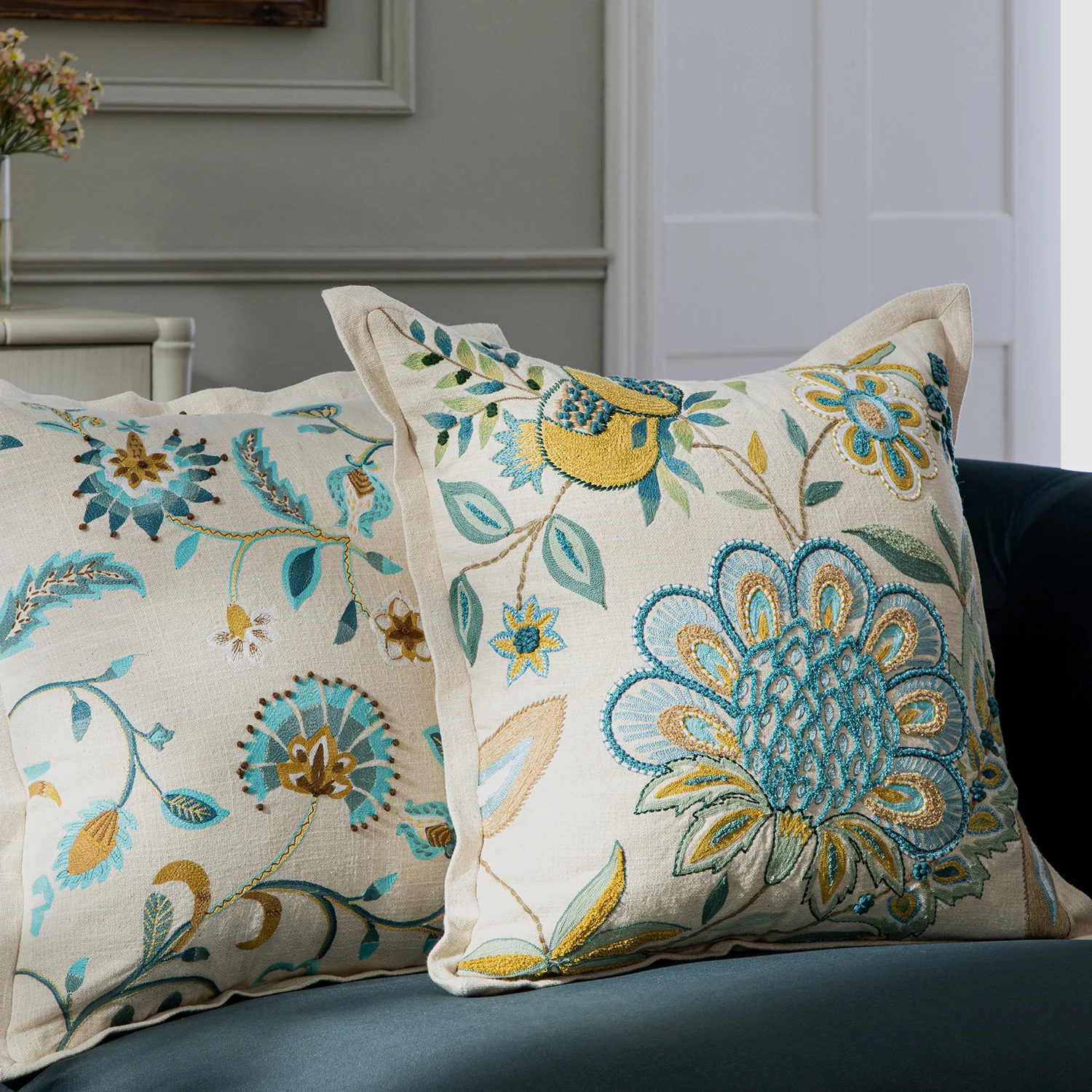 Flora & Fauna Hand Embroidered Azure Wonder Cushion - Image 3