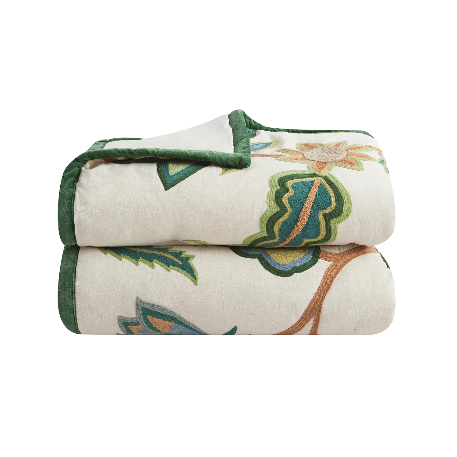 Flora & Fauna Jacobean Floral Embroidered Quilted Cotton Bedspread - Image 2