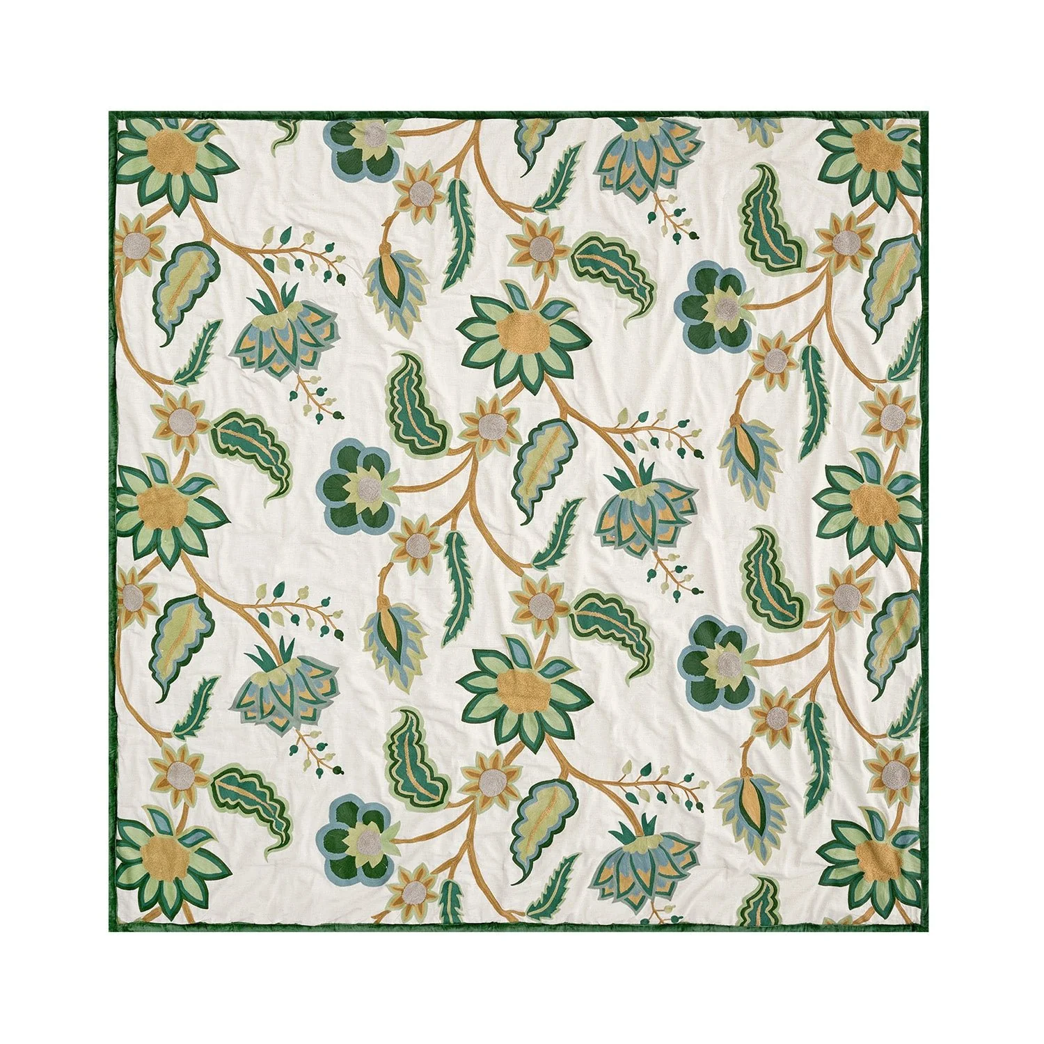 Flora & Fauna Jacobean Floral Embroidered Quilted Cotton Bedspread - Image 3