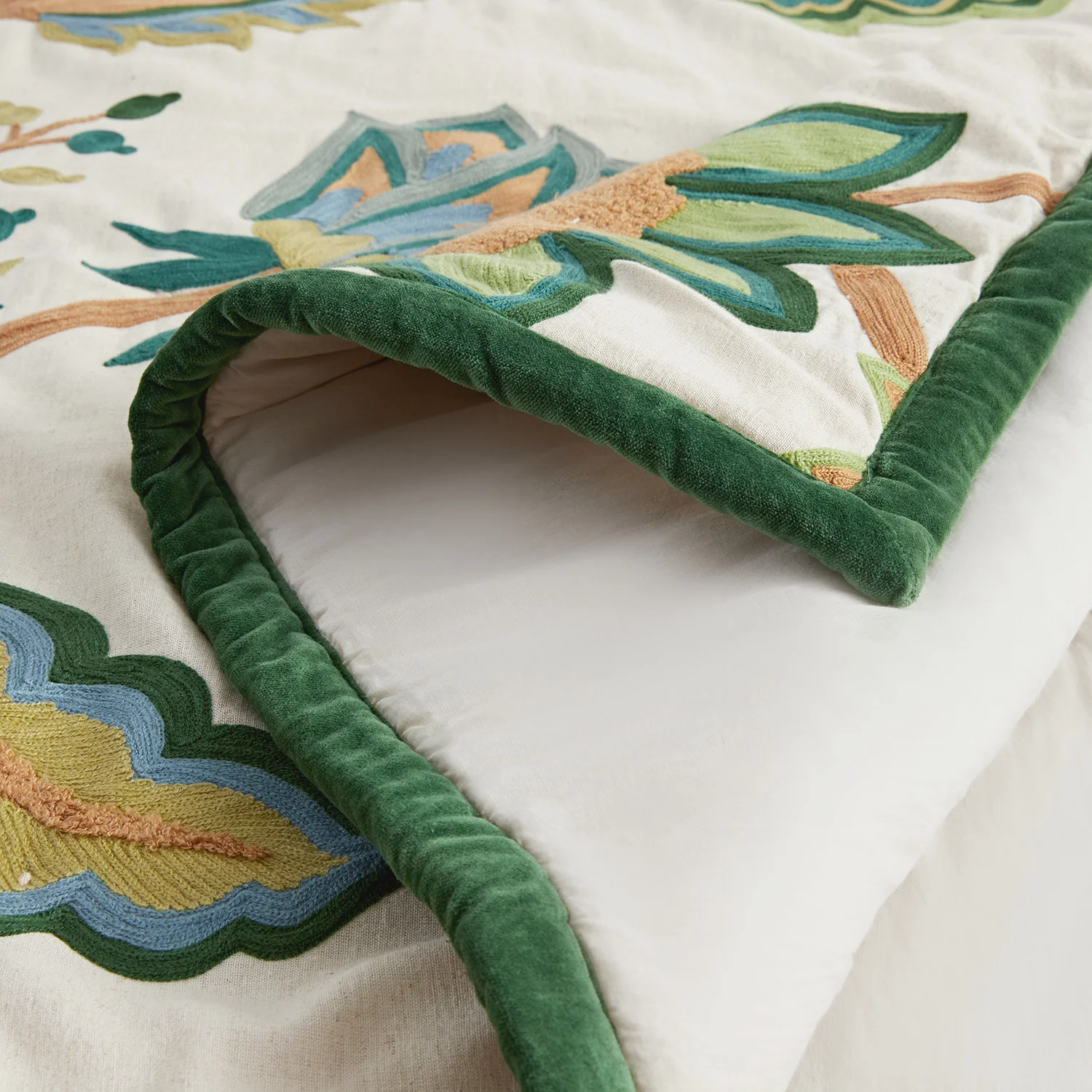 Flora & Fauna Jacobean Floral Embroidered Quilted Cotton Bedspread - Image 5