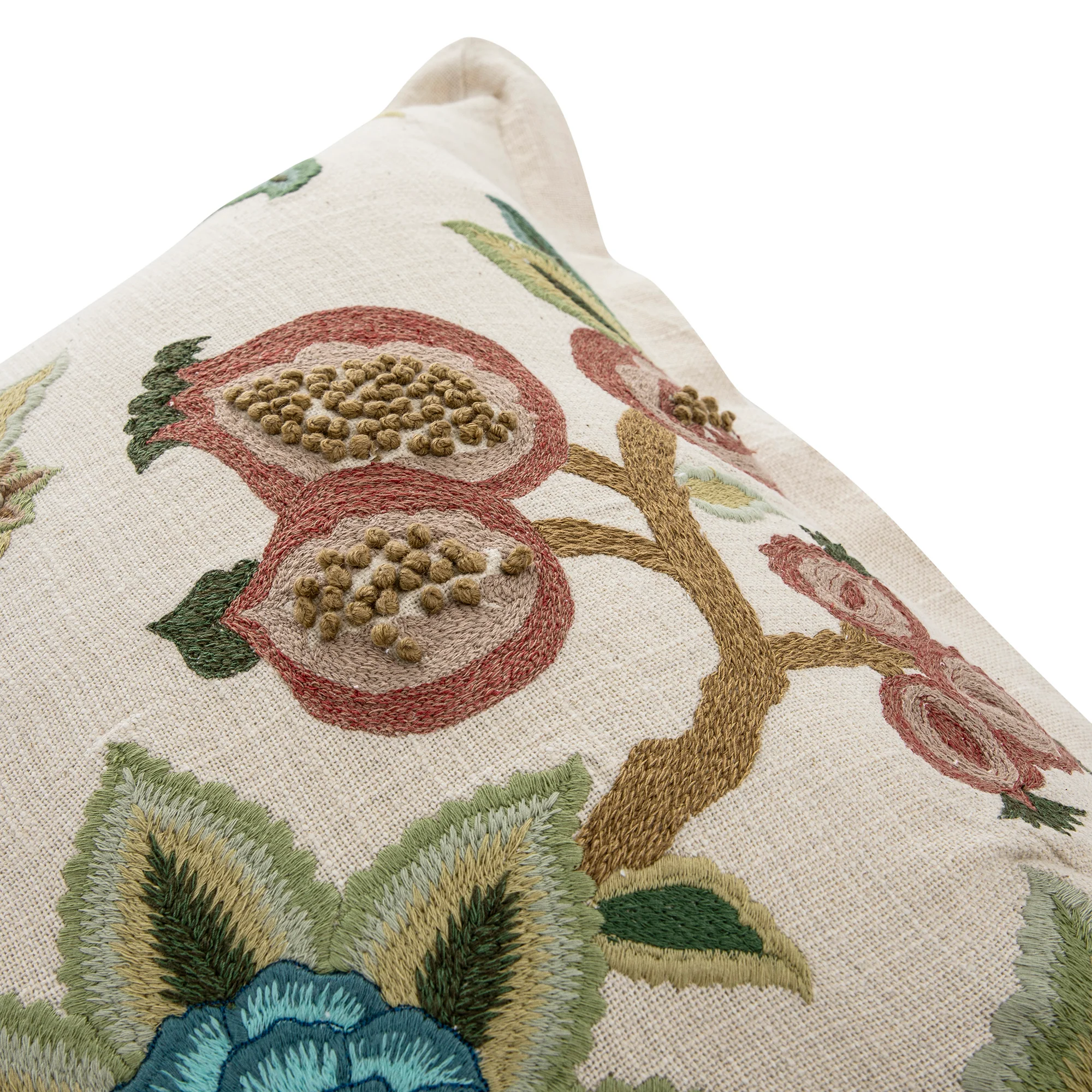 Flora & Fauna Hand Embroidered Jacobean Pomegranate Cushion - Image 3