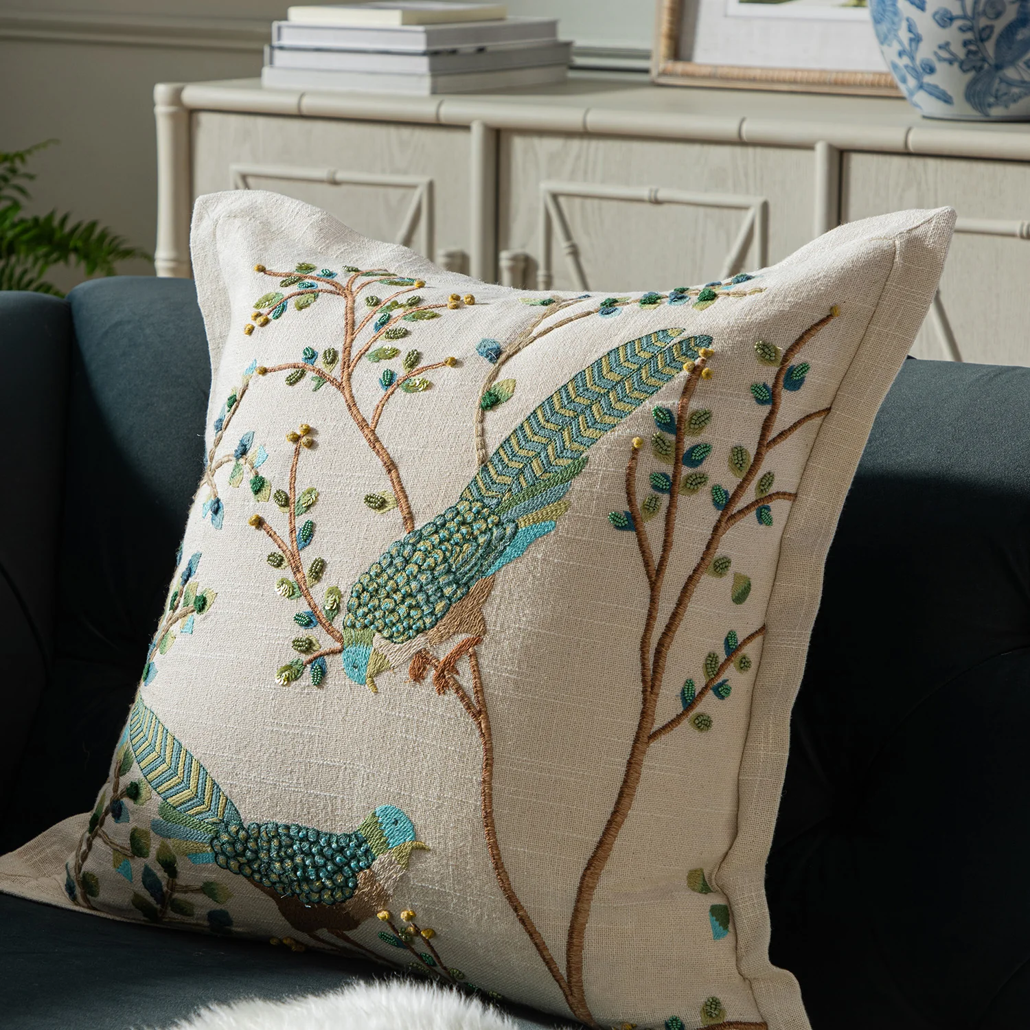 Flora & Fauna Hand Embroidered Songbird Cushion - Image 2