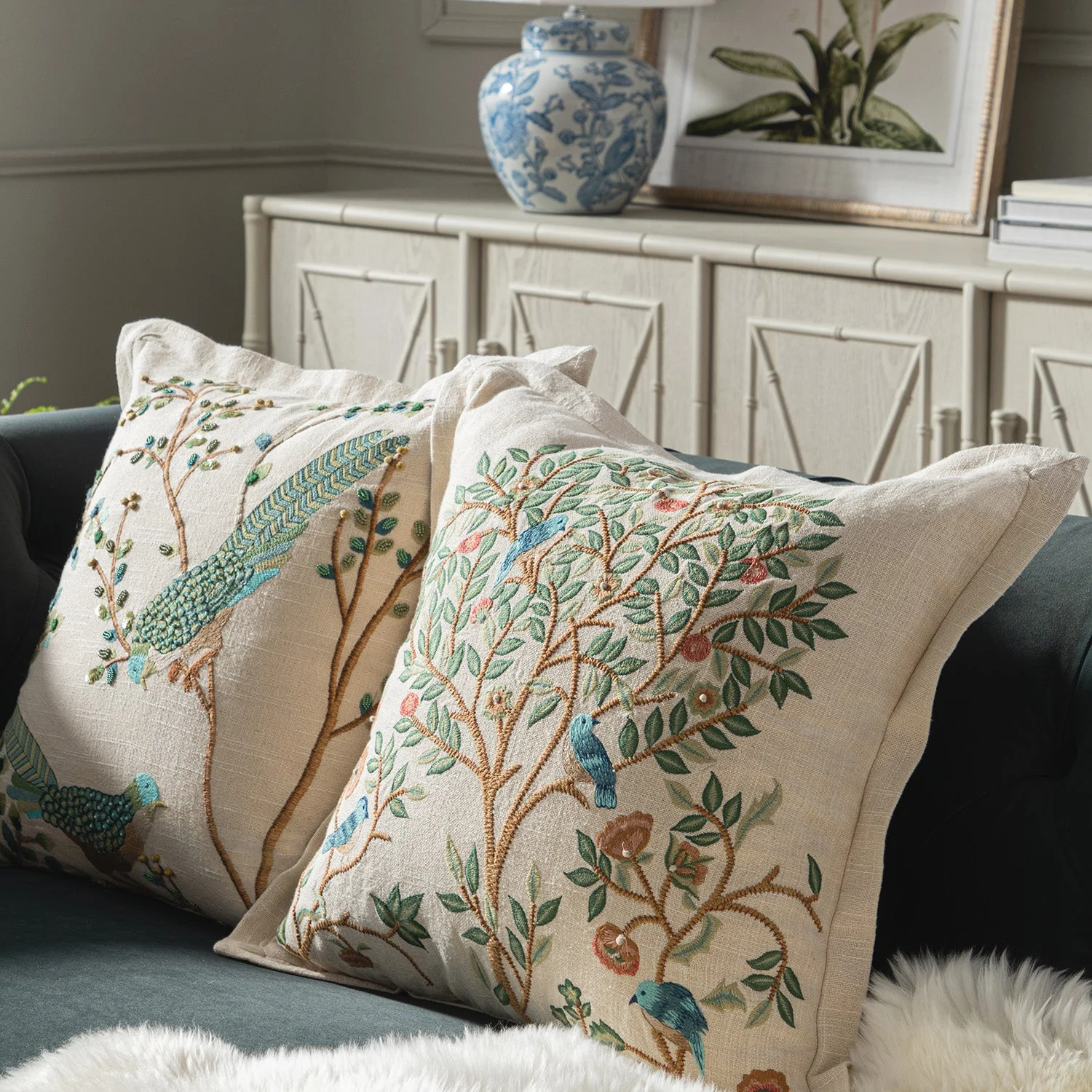 Flora & Fauna Hand Embroidered Tree Of Life Cushion - Image 2