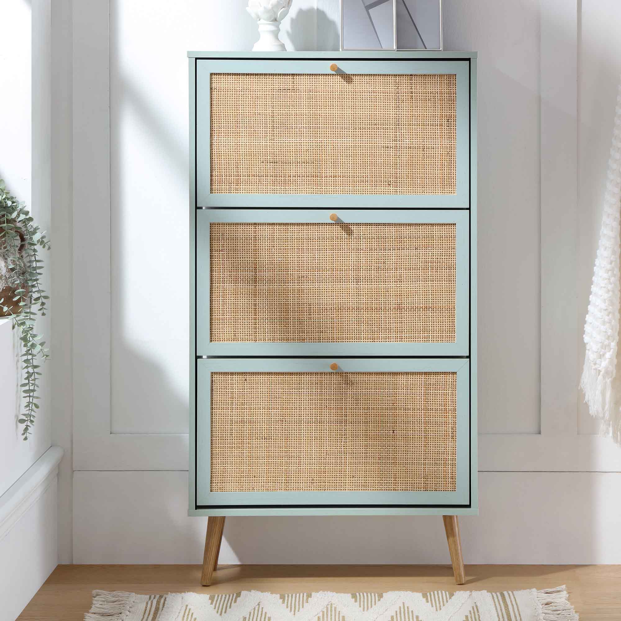 Frances Rattan 3 Tier Shoe Storage Cabinet, Mint - Image 2