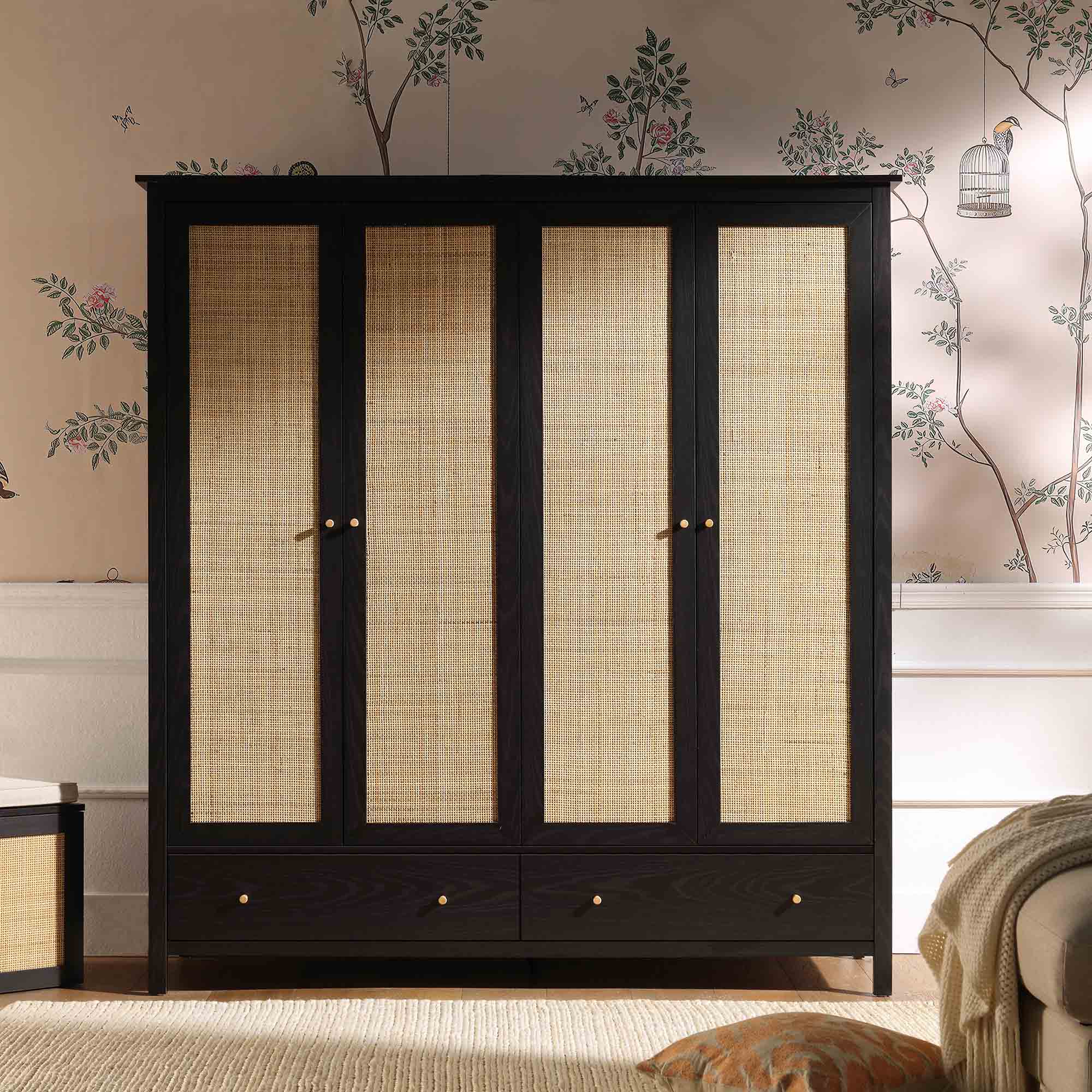 Frances Rattan 4-Door Wardrobe with 2 Drawers, Black - Image 2