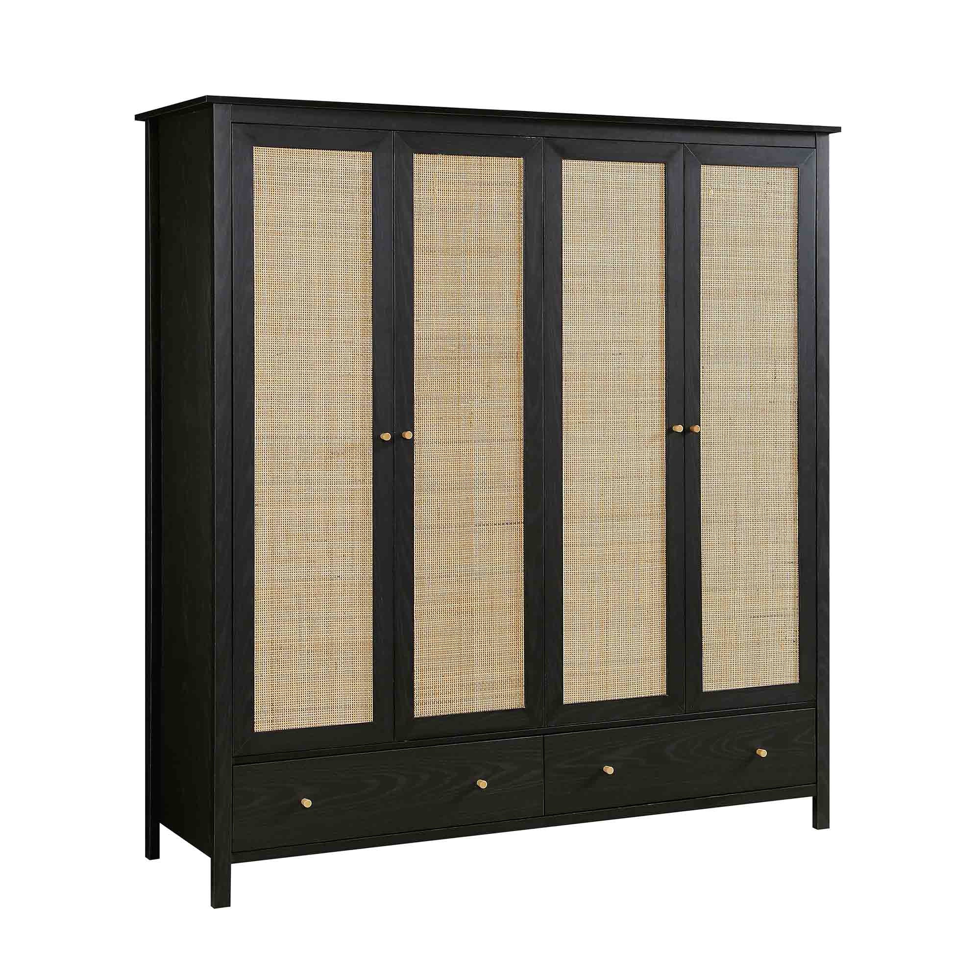 Frances Rattan 4-Door Wardrobe with 2 Drawers, Black - Image 5