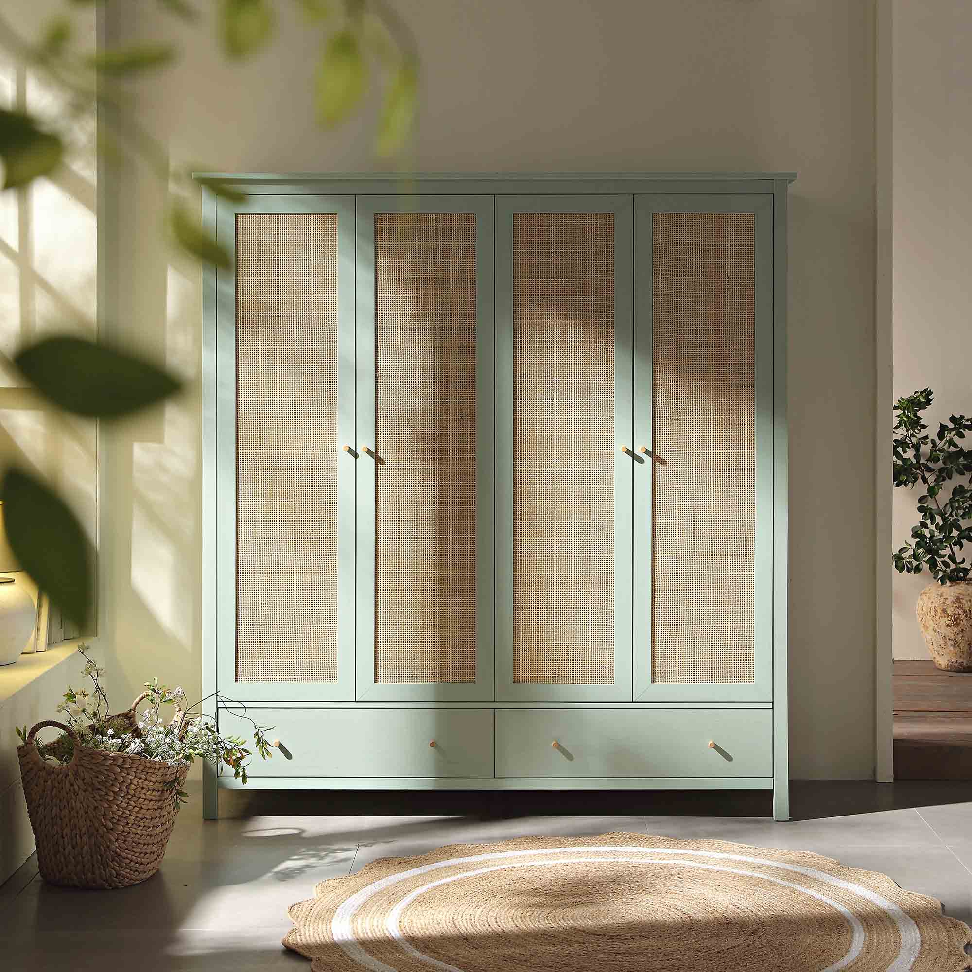 Frances Rattan 4-Door Wardrobe with 2 Drawers, Mint - Image 2