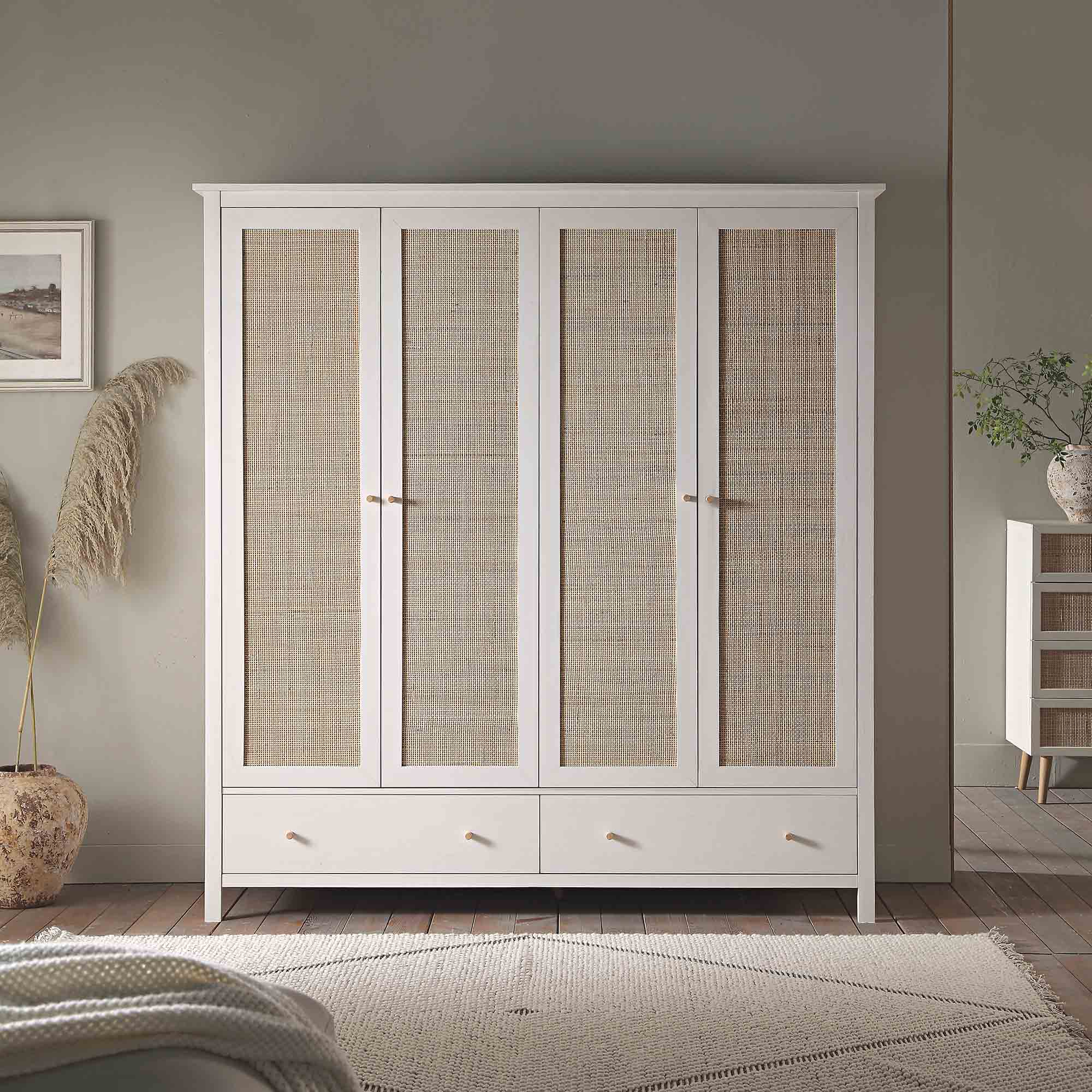 Frances Rattan 4-Door Wardrobe with 2 Drawers, White - Image 2