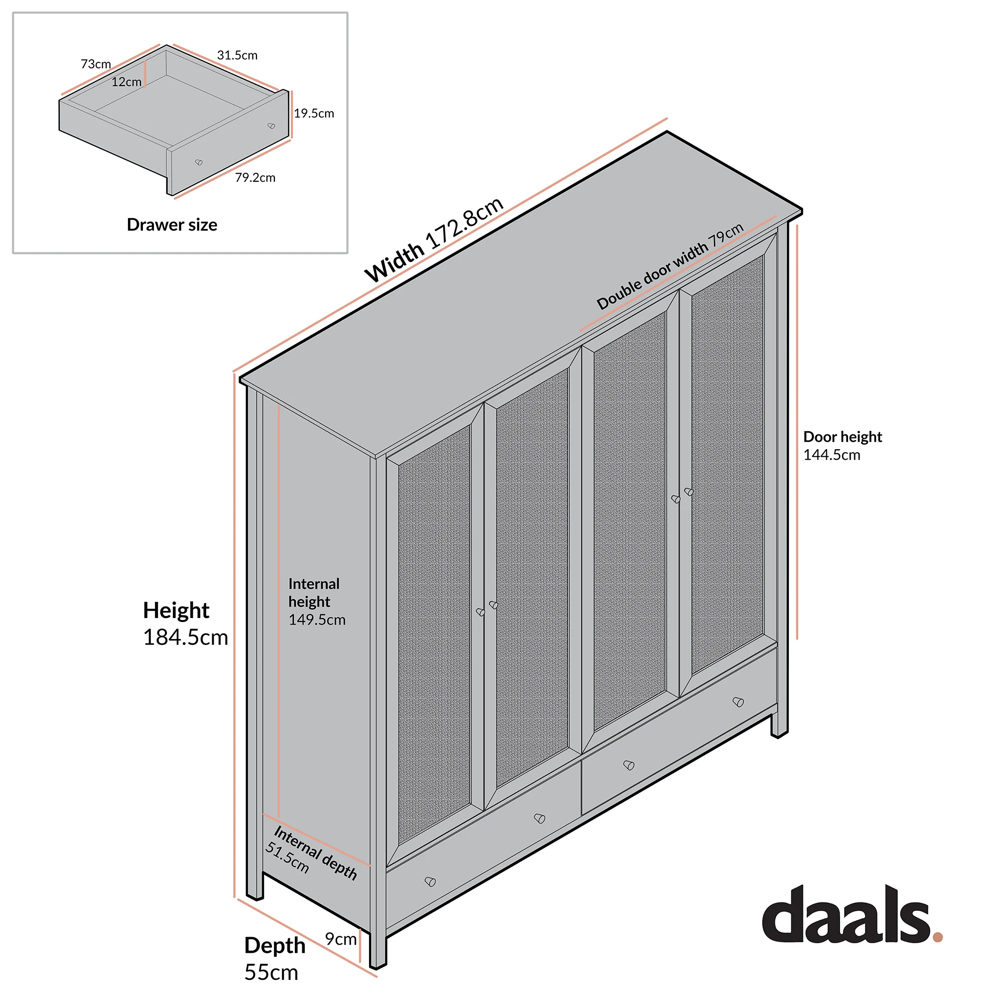 Frances Rattan 4-Door Wardrobe with 2 Drawers, Mint - Image 6