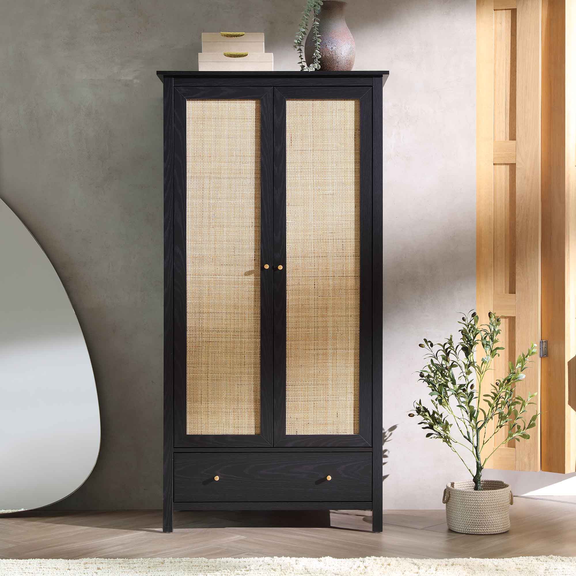 Frances Rattan Double Wardrobe with 1 Drawer, Black - Image 2