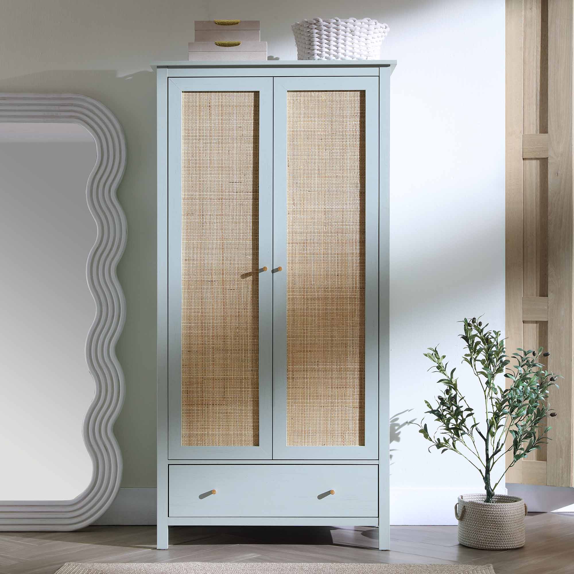 Frances Rattan Double Wardrobe with 1 Drawer, Mint - Image 2