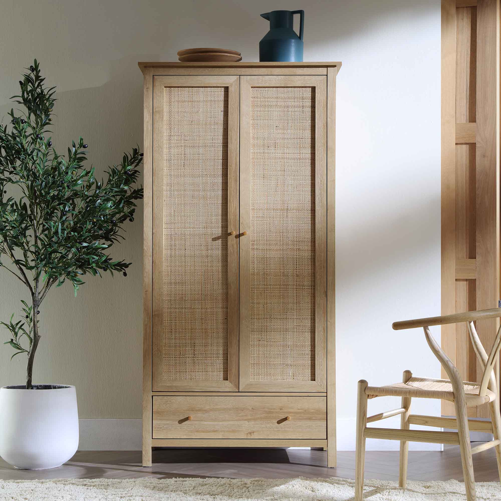Frances Rattan Double Wardrobe with 1 Drawer, Natural - Image 2