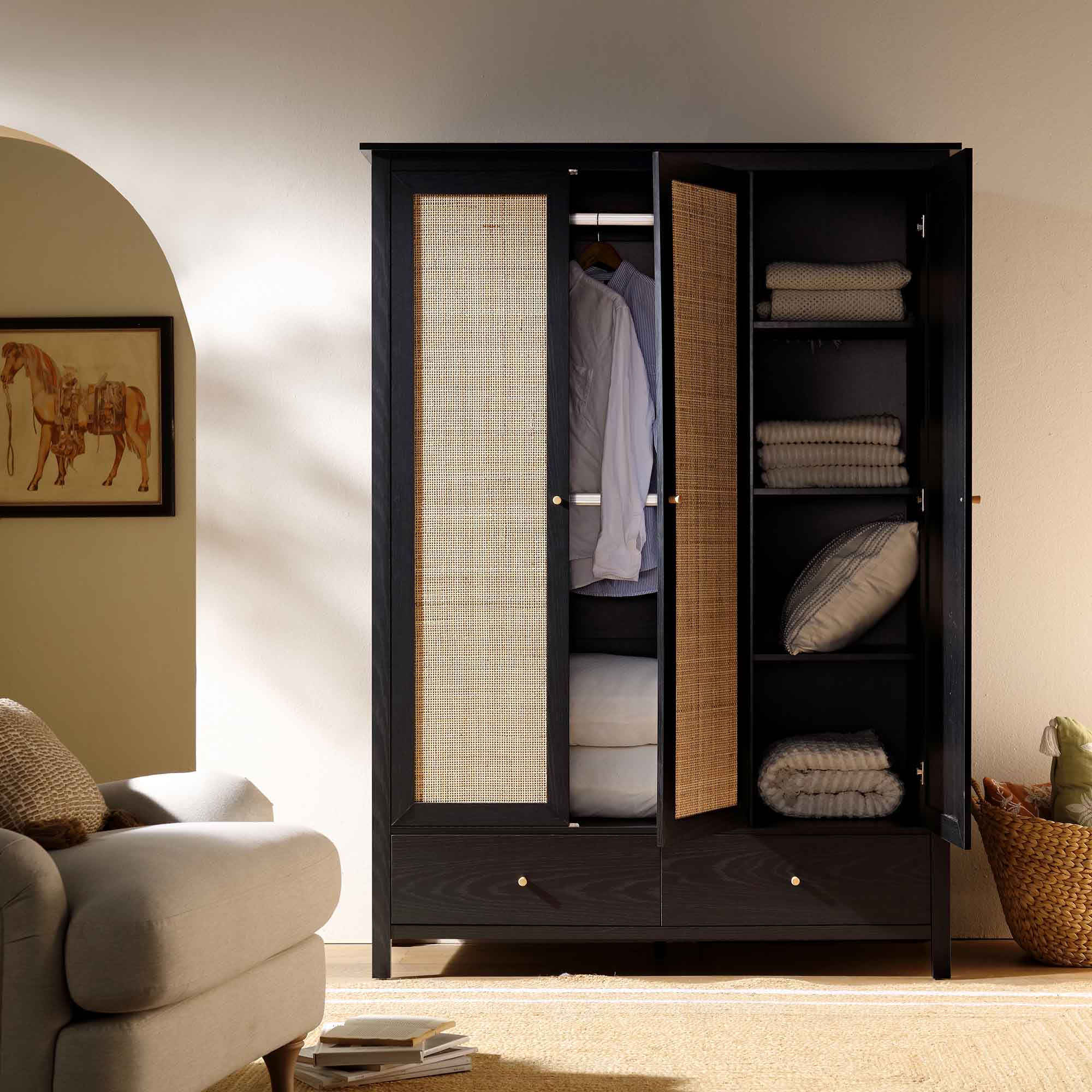 Frances Rattan Triple Wardrobe with 2 Drawers, Black - Image 3