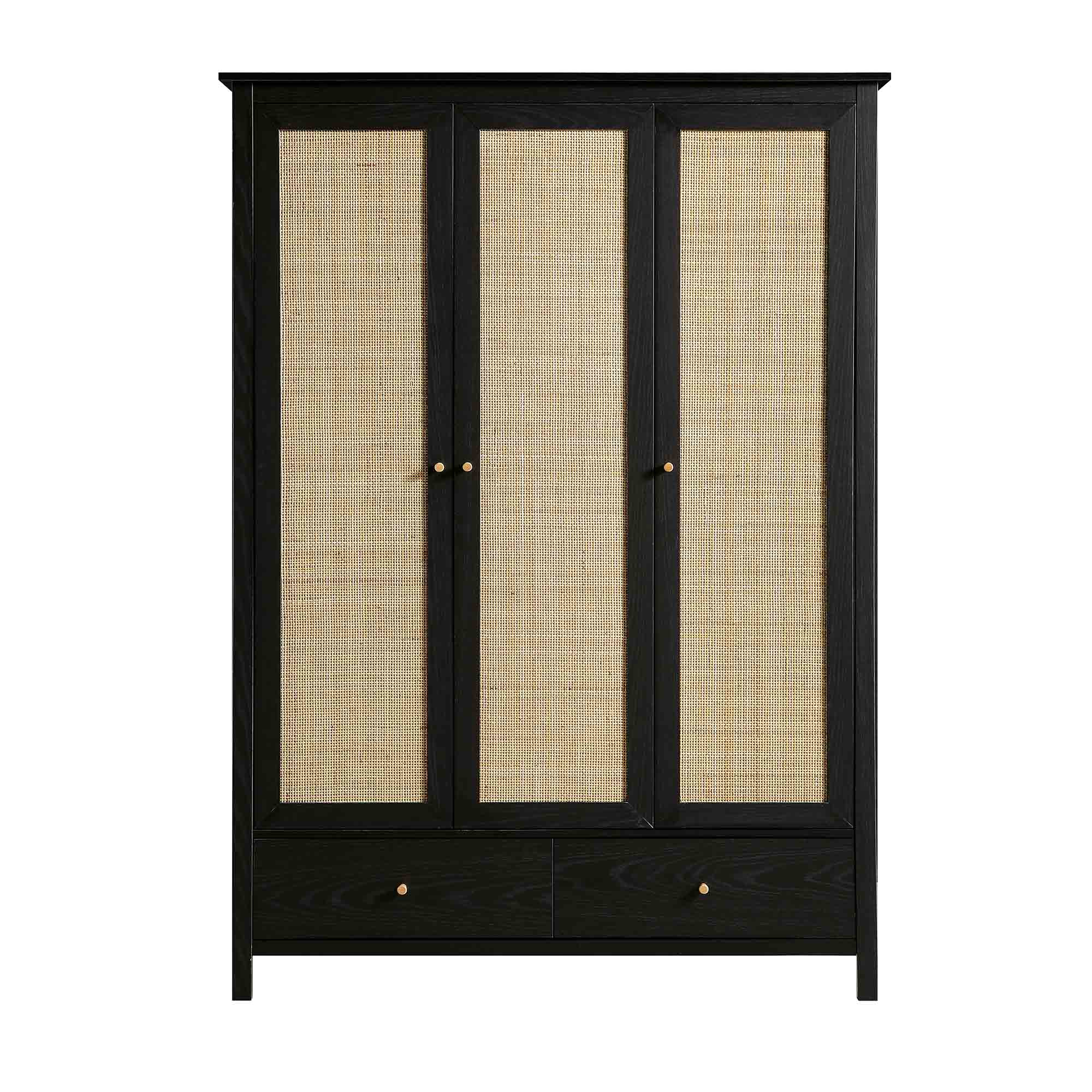 Frances Rattan Triple Wardrobe with 2 Drawers, Black - Image 4