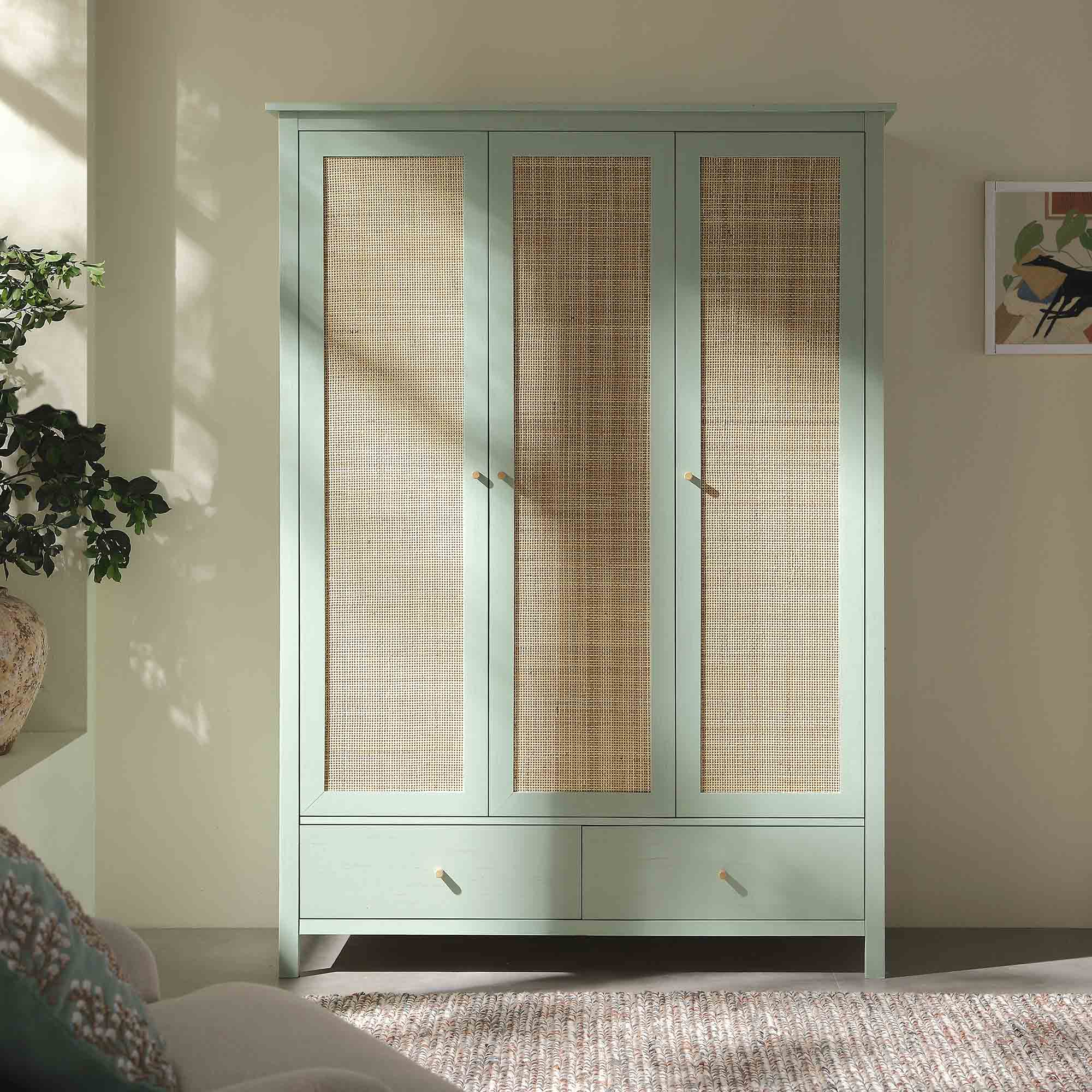 Frances Rattan Triple Wardrobe with 2 Drawers, Mint - Image 2