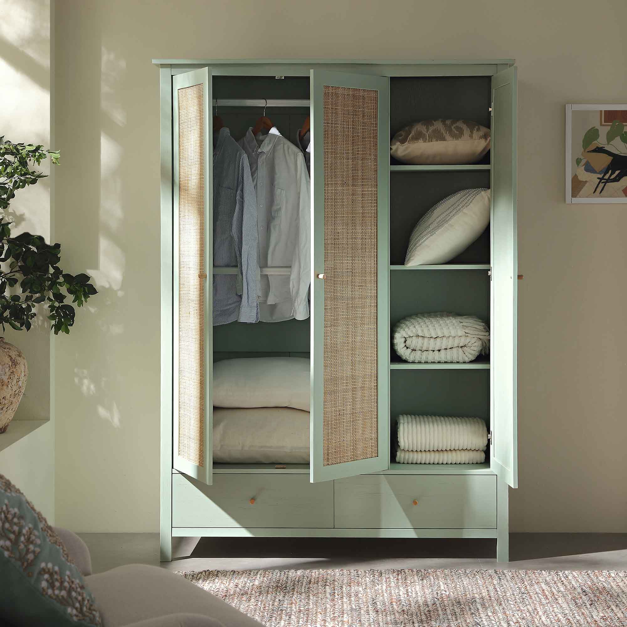 Frances Rattan Triple Wardrobe with 2 Drawers, Mint - Image 3