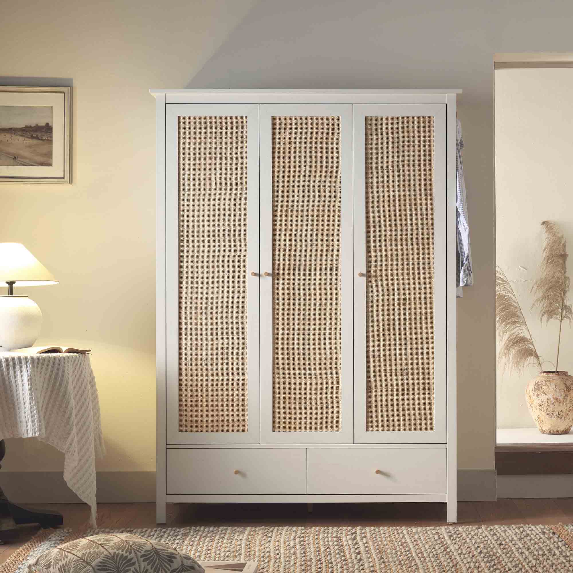 Frances Rattan Triple Wardrobe with 2 Drawers, White - Image 2