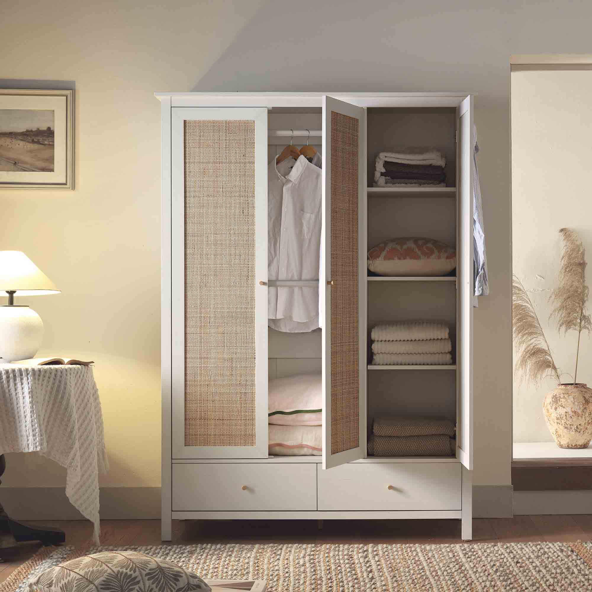 Frances Rattan Triple Wardrobe with 2 Drawers, White - Image 3