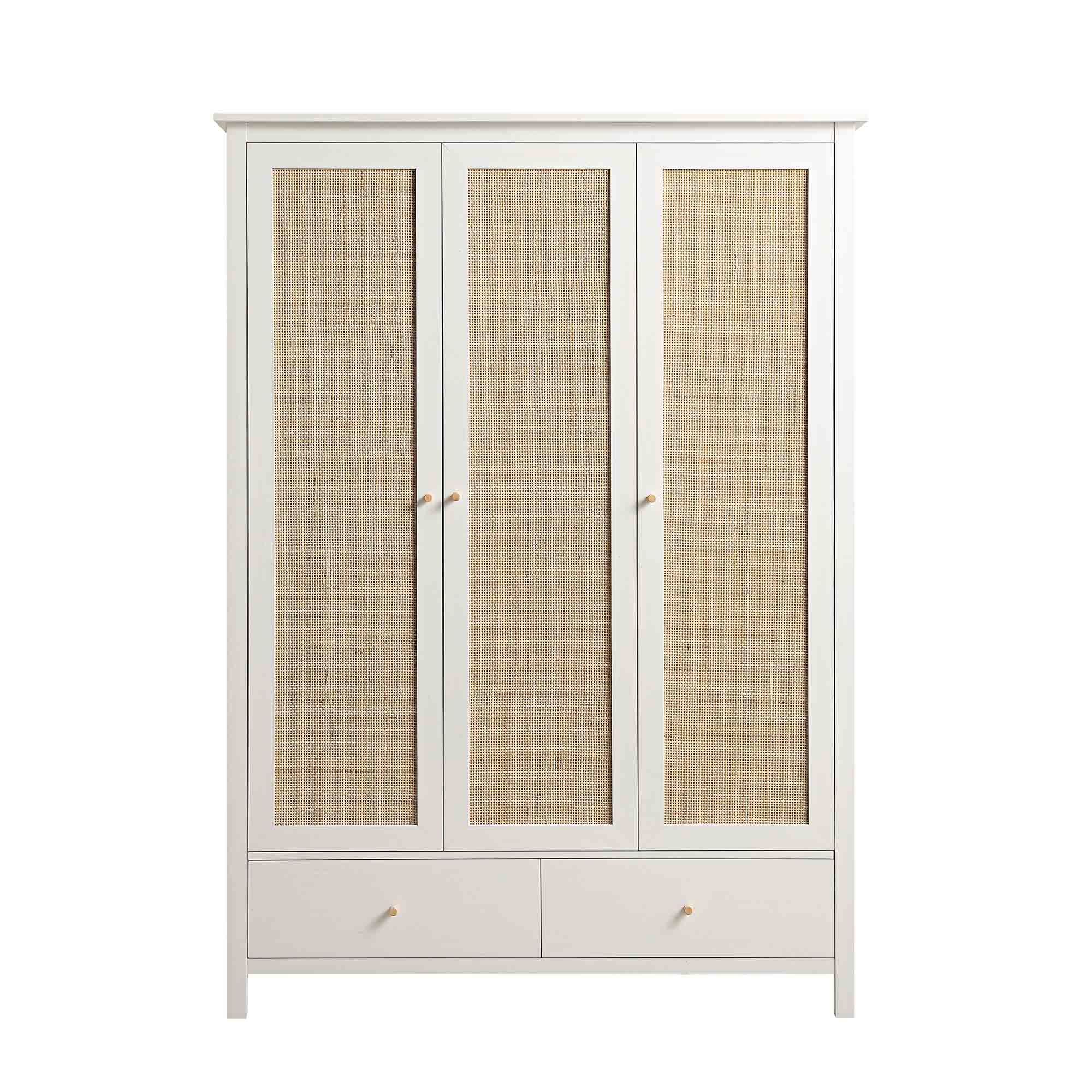 Frances Rattan Triple Wardrobe with 2 Drawers, White - Image 4