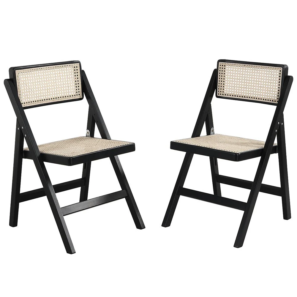 Frances Set of 2 Folding Cane Rattan Chairs, Black Colour - Image 2