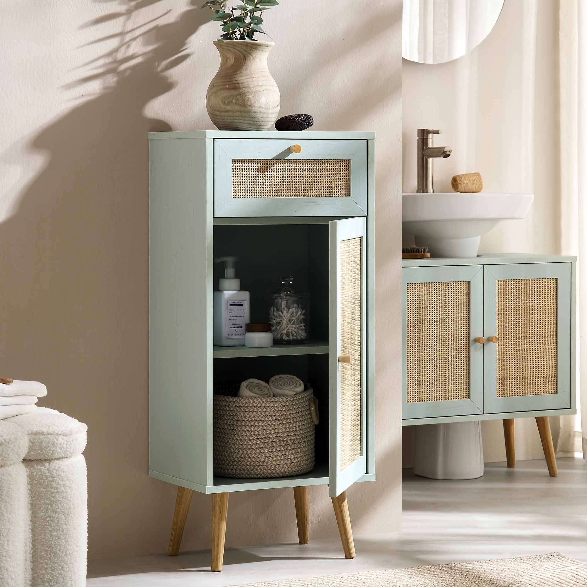 Frances Woven Rattan 1-Door Bathroom Cabinet, Mint - Image 3