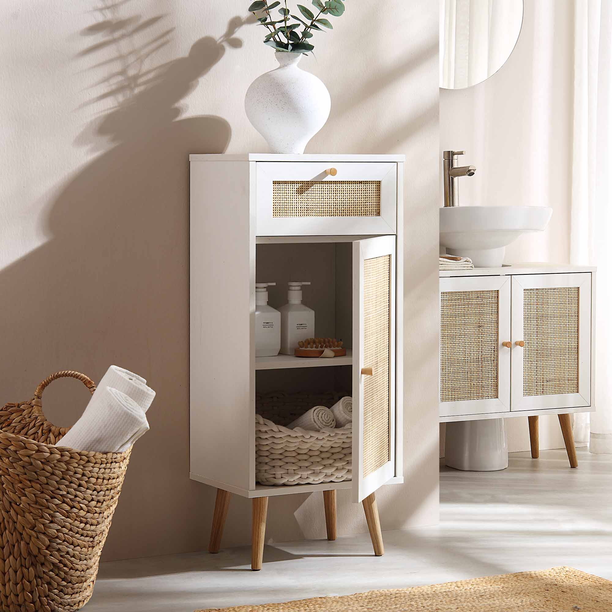 Frances Woven Rattan 1-Door Bathroom Cabinet, White - Image 3