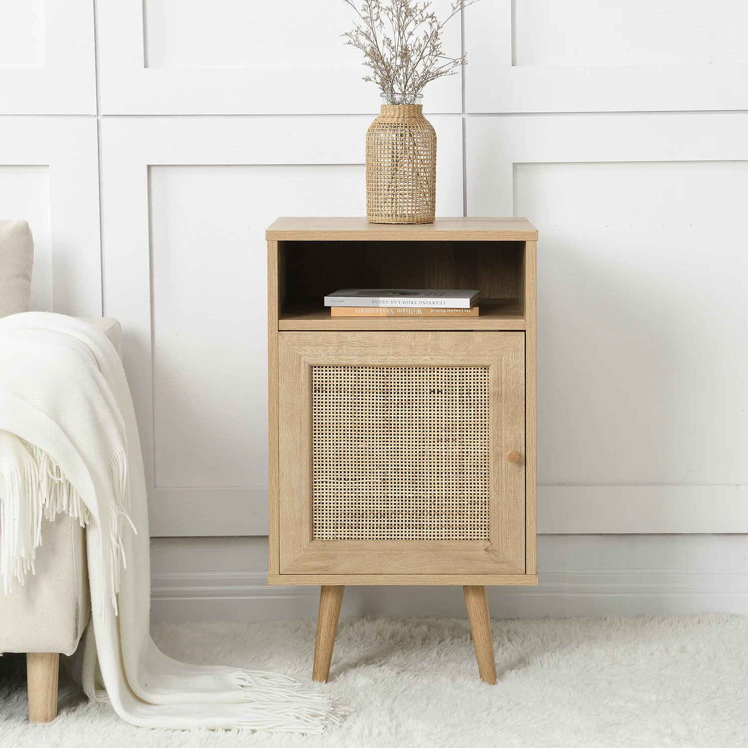 Frances Woven Rattan 1-Door Bedside Table in Natural Colour - Image 2