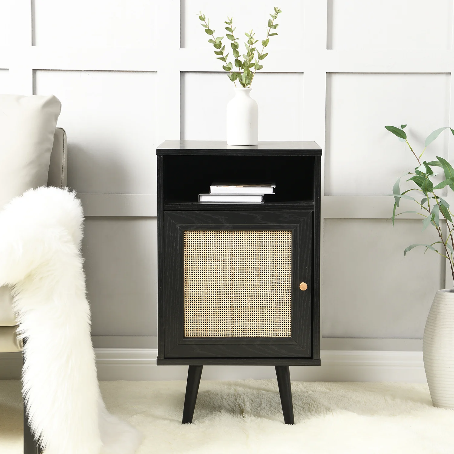 Frances Woven Rattan 1-Door Bedside Table in Black Colour - Image 2