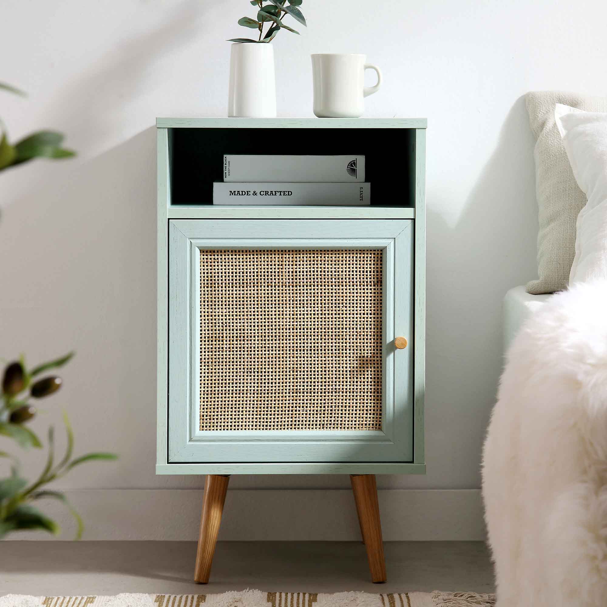 Frances Woven Rattan 1-Door Bedside Table in Mint - Image 2