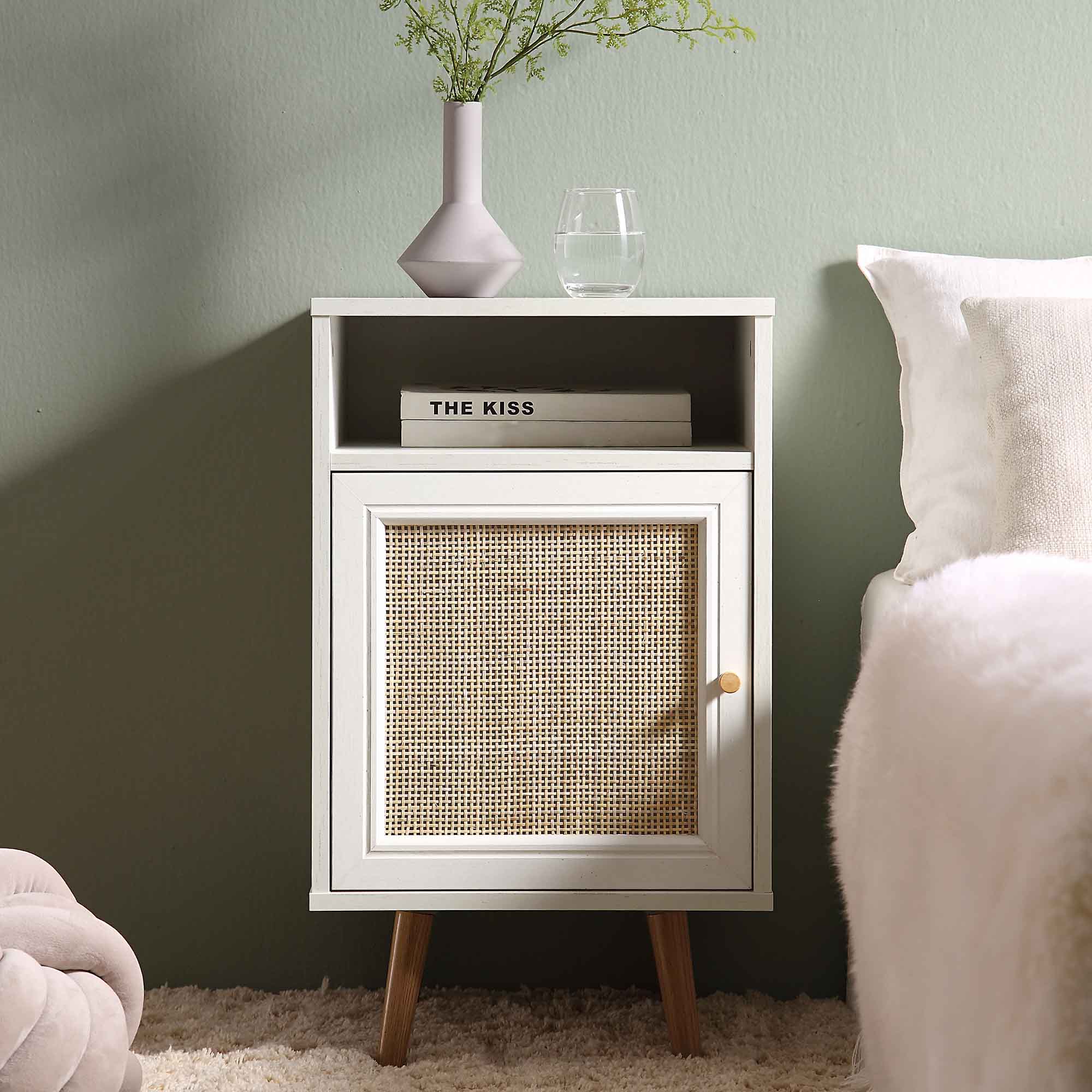 Frances Woven Rattan 1-Door Bedside Table in White - Image 2
