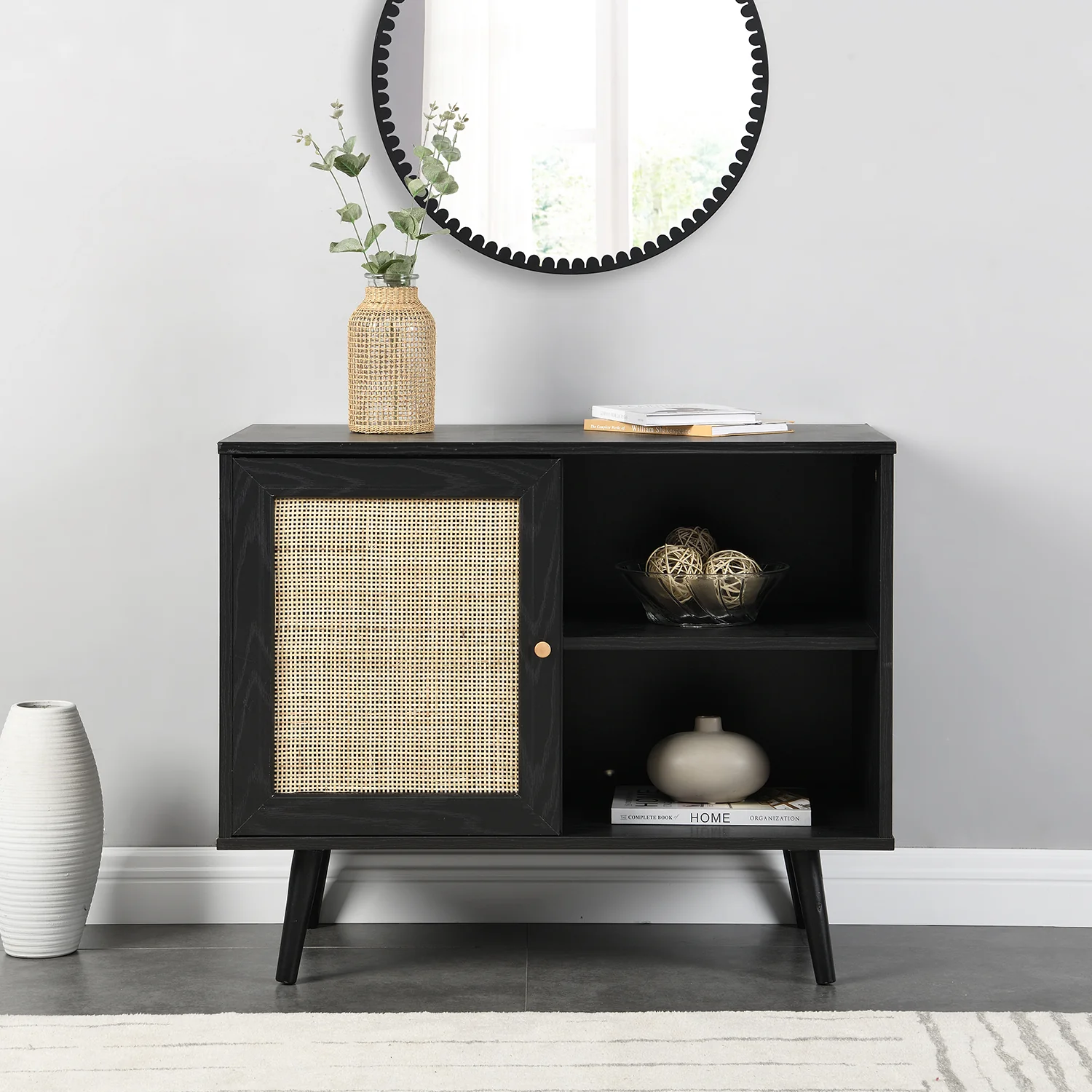 Frances Woven Rattan 1-Door Cabinet in Black - Image 2