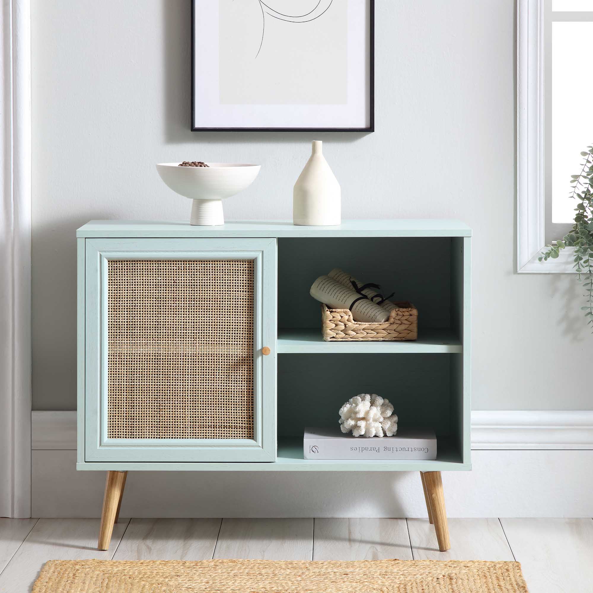 Frances Woven Rattan 1-Door Cabinet in Mint - Image 2