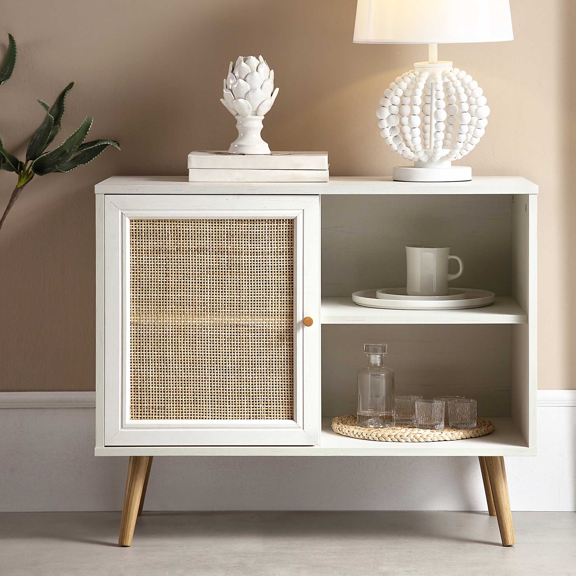 Frances Woven Rattan 1-Door Cabinet in White - Image 2