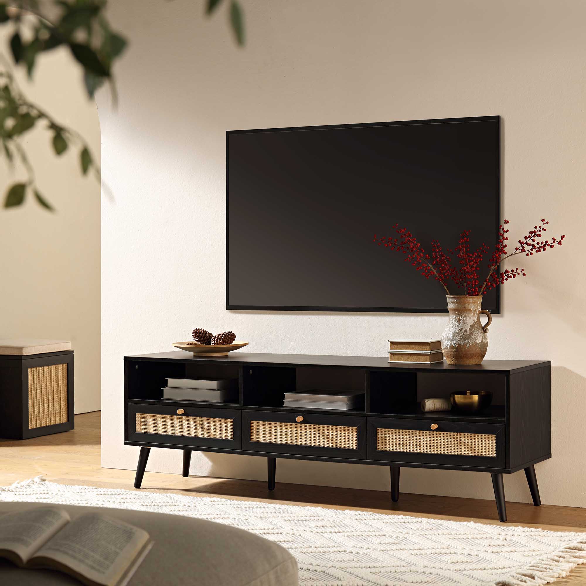 Frances Woven Rattan 160cm 3-Drawer TV Unit, Black - Image 2