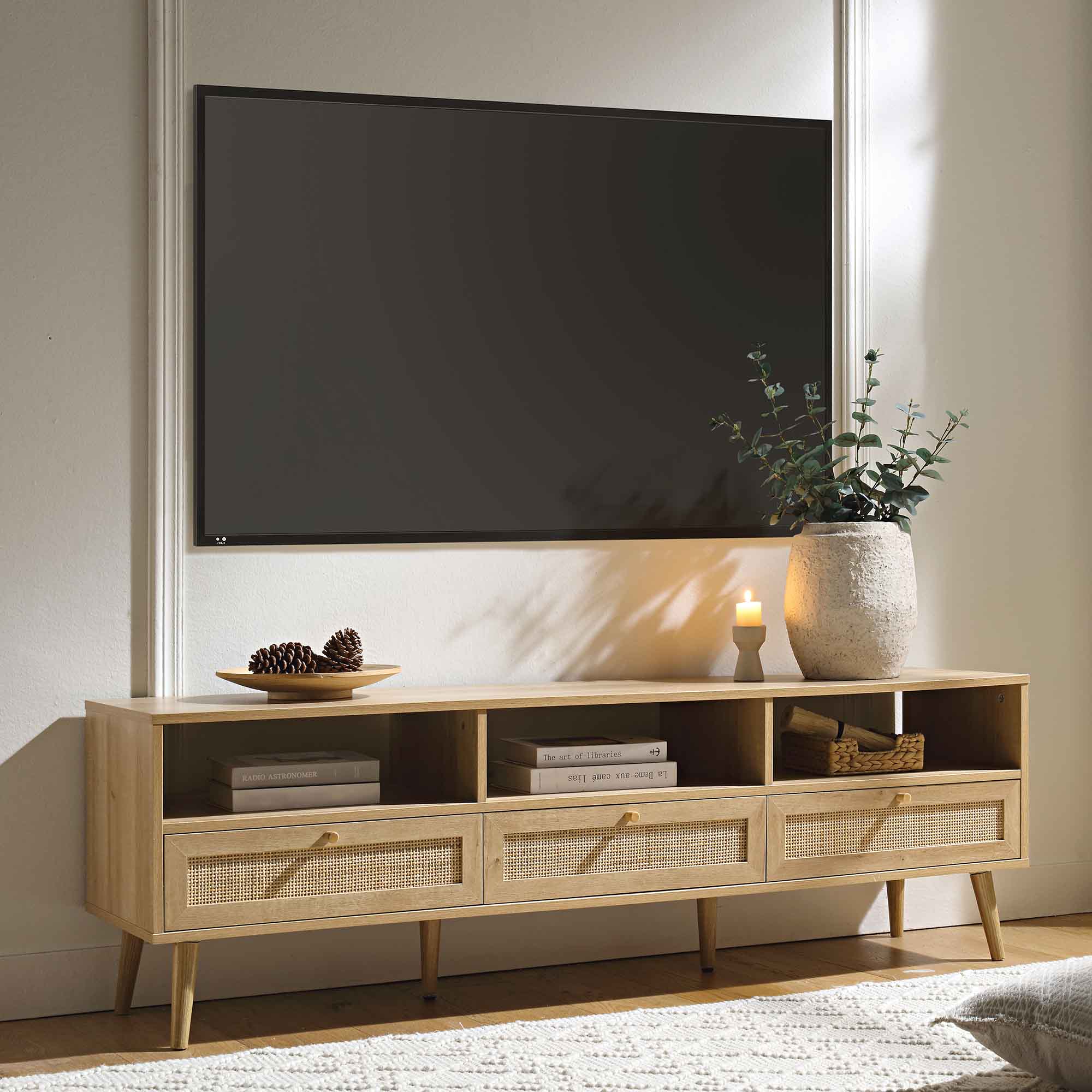 Frances Woven Rattan 160cm 3-Drawer TV Unit, Natural - Image 2
