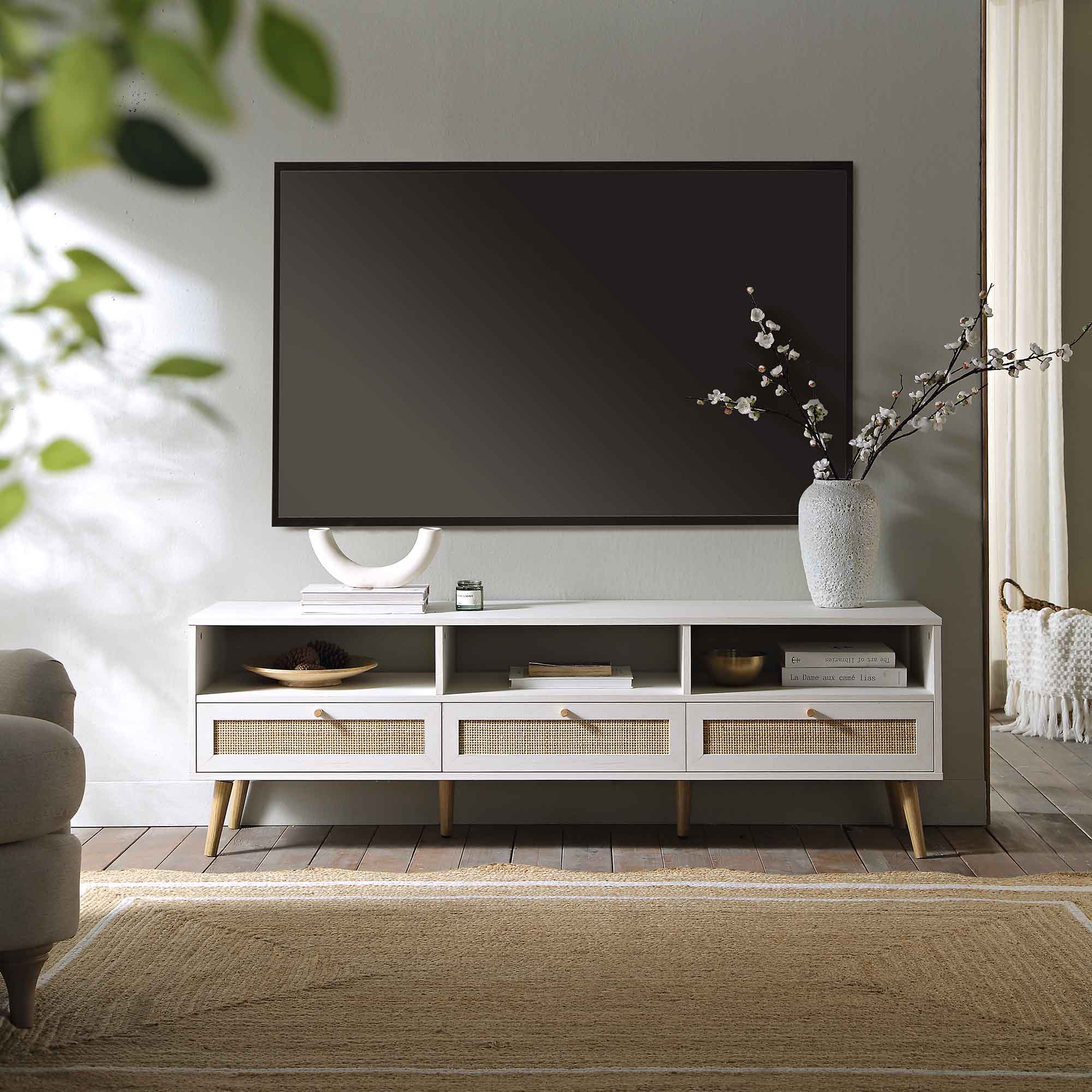 Frances Woven Rattan 160cm 3-Drawer TV Unit, White - Image 2