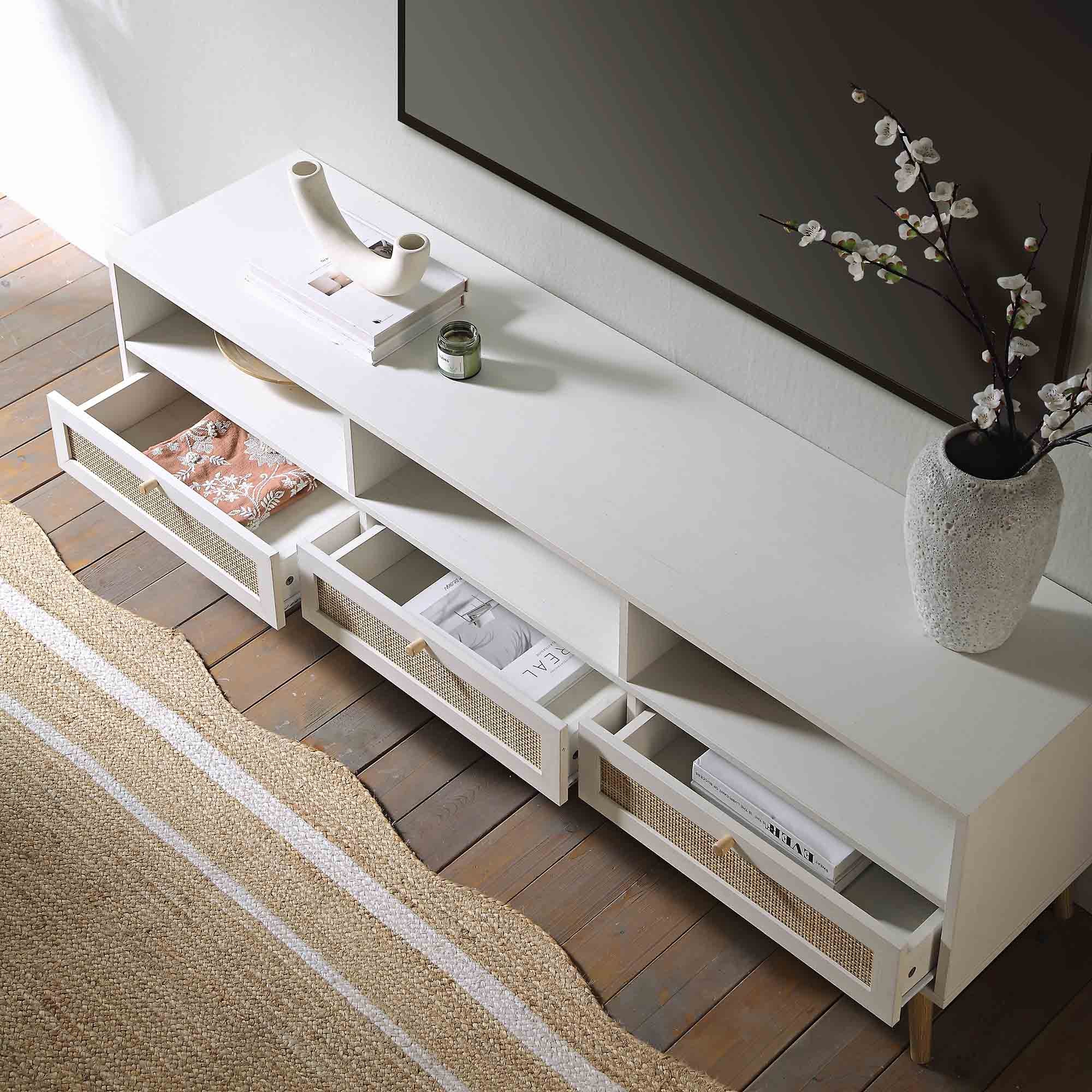 Frances Woven Rattan 160cm 3-Drawer TV Unit, White - Image 3